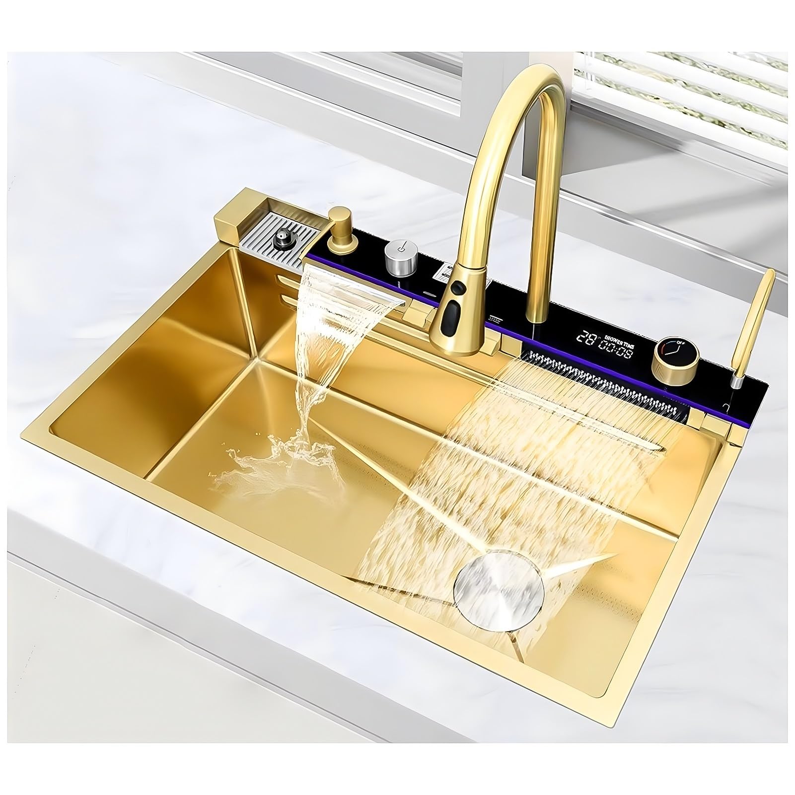 WIQUYBML Large Workstation Kitchen Sink, Nano Stainless Steel Waterfall Smart Bar Sink With Pull-Out Faucet, Cup Washer, Drain Kits, Drop In Single Bowl Farmhouse Sink(Gold,80x46x22cm)