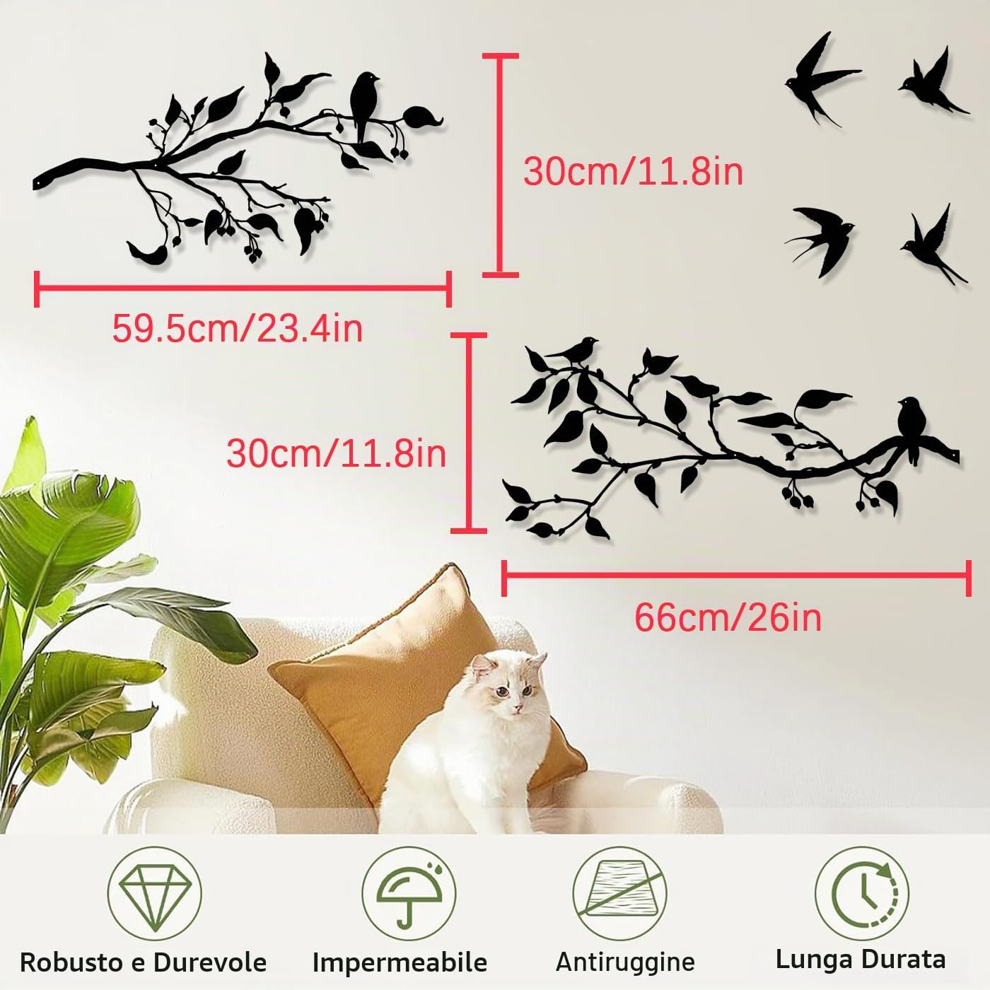 Pduoduo 2 pezzi Decorazione da parete con uccelli in metallo con foglie da appendere con uccelli,Uccelli in metallo,decorazione da parete con foglie nere con uccello,decorazione rustica da parete