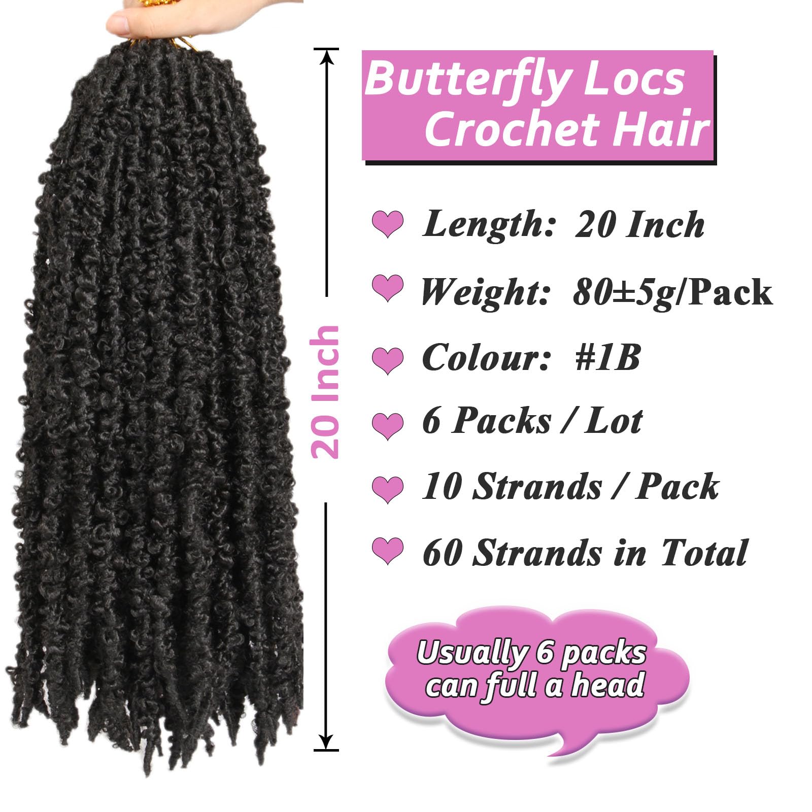 Samtress 20 Inch Natural Black Butterfly Locs Crochet Hair 6 Packs Pre Looped Distressed Locs Crochet Braids Synthetic Soft Locs Crochet Braids Hair Extensions for Women (#1B) - Image 2