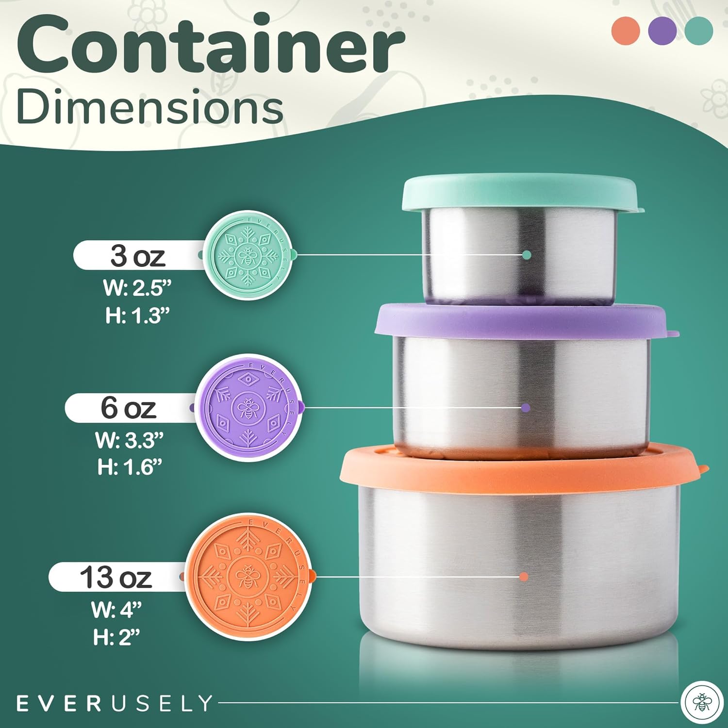 Everusely - Stainless Steel Food Containers - 3 Pack, Bright - Metal Lunch Box - Nesting Snack Containers for Office, Home Food Storage - Leakproof Silicone Lids - Dishwasher and Freezer Safe - Image 2