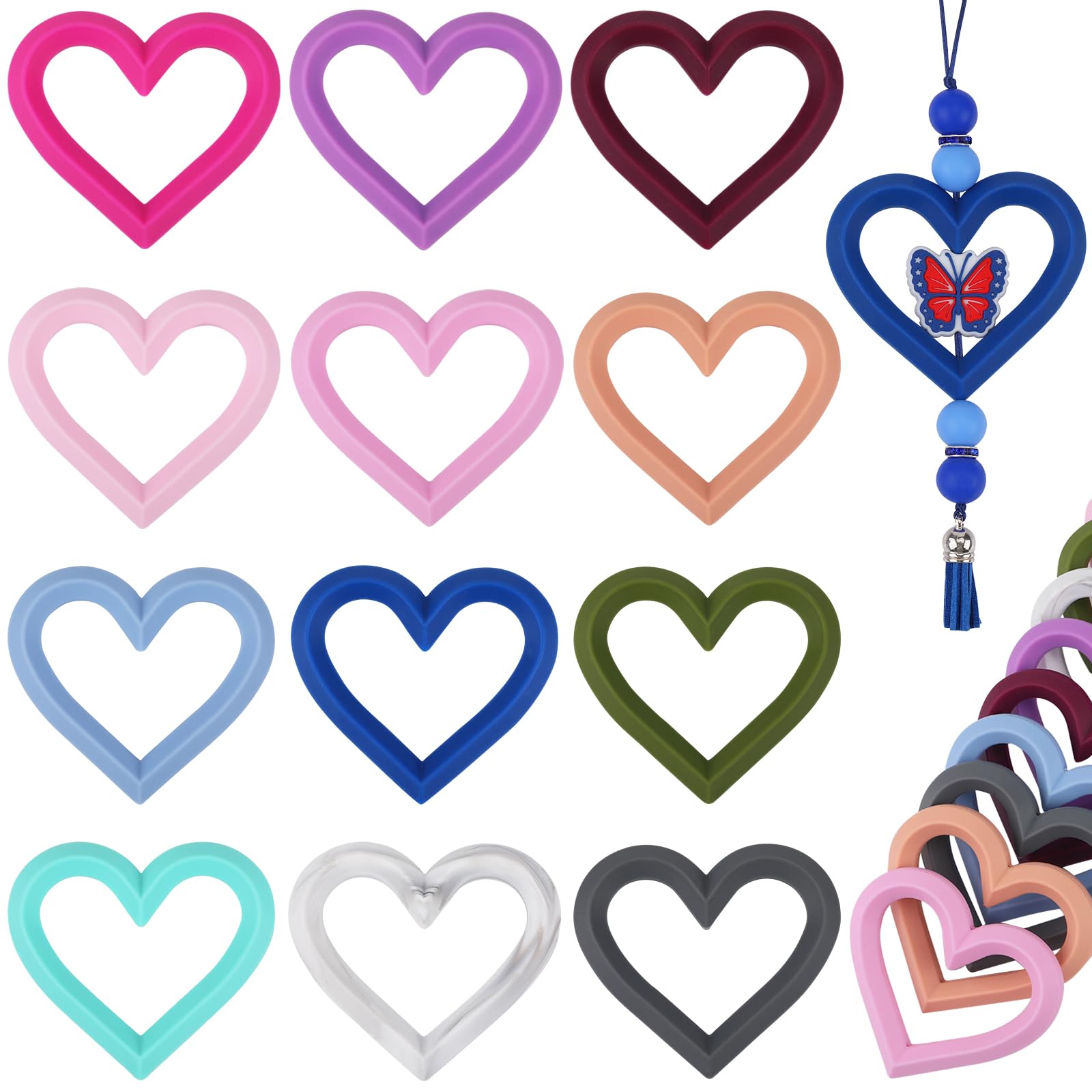 WEWAYSMILE 12 Pieces Silicone Ring Bead Silicone Beadable O Rings 65mm Silicone Ring with 2 Silicone Holes for DIY Keychain Car Charms Jewelry Making