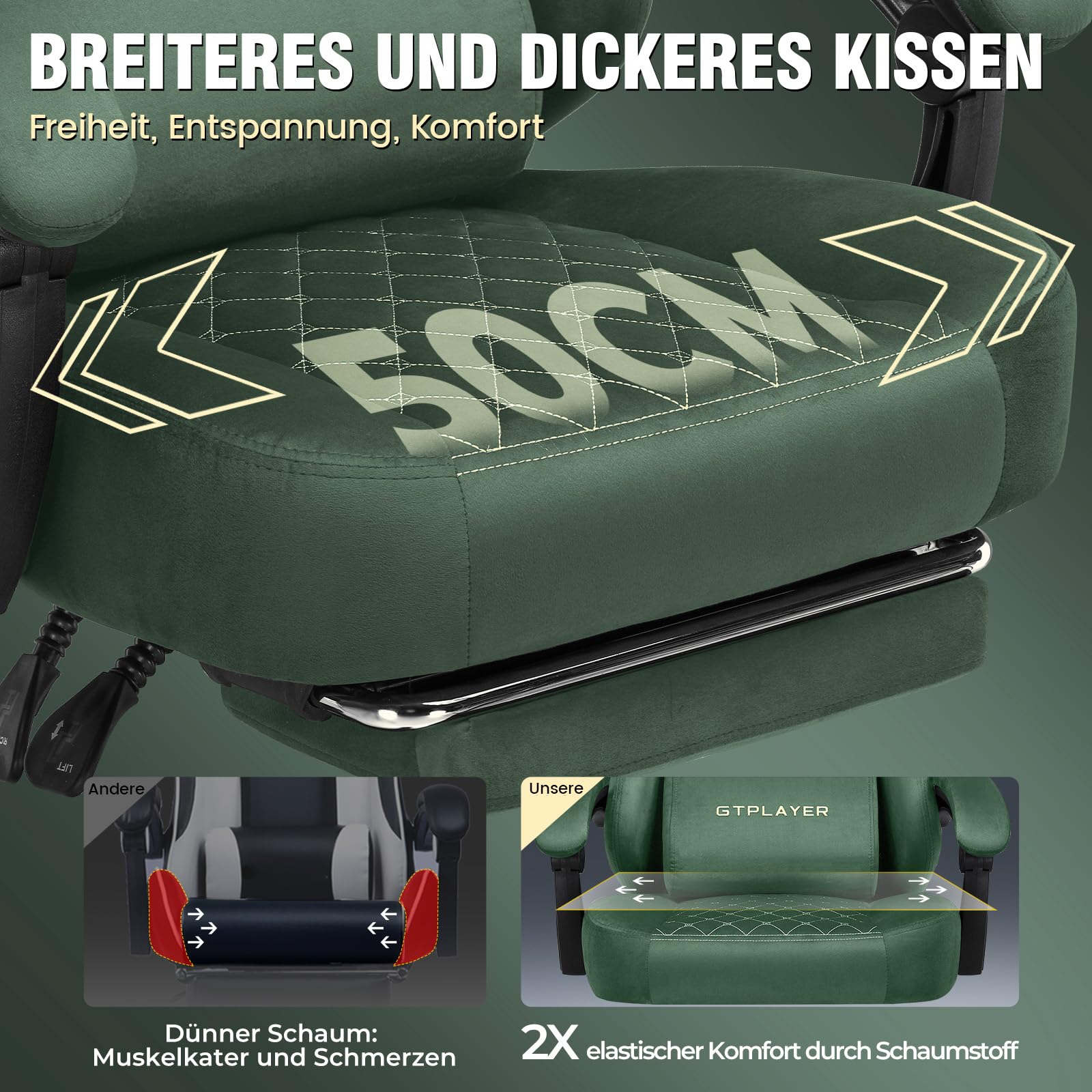GTPLAYER Sedia Gaming Poltrona Gaming Tessuto Sedia Gamer Ergonomica Ufficio Sedia PC 150 kg Sedia da tavolo regolabile e girevole con Cuscino di seduta a Molle e Poggiapiedi, Verde