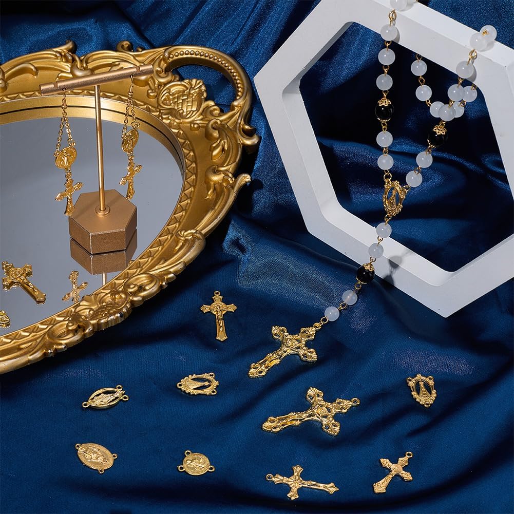 SUNNYCLUE 1 Box 40Pcs 8 Styles Rosary Center Charms Gold Crucifix Charm Metal Tibetan Rosary Cross Centerpiece Chandelier Links Pendants for Jewelry Making DIY Necklace Bracelets Supplies Easter - Image 4