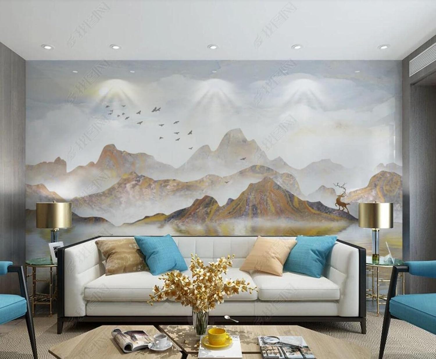 Papier peint 3D montagnes oiseaux élan pour décoration murale salon et chambre 150x105cm