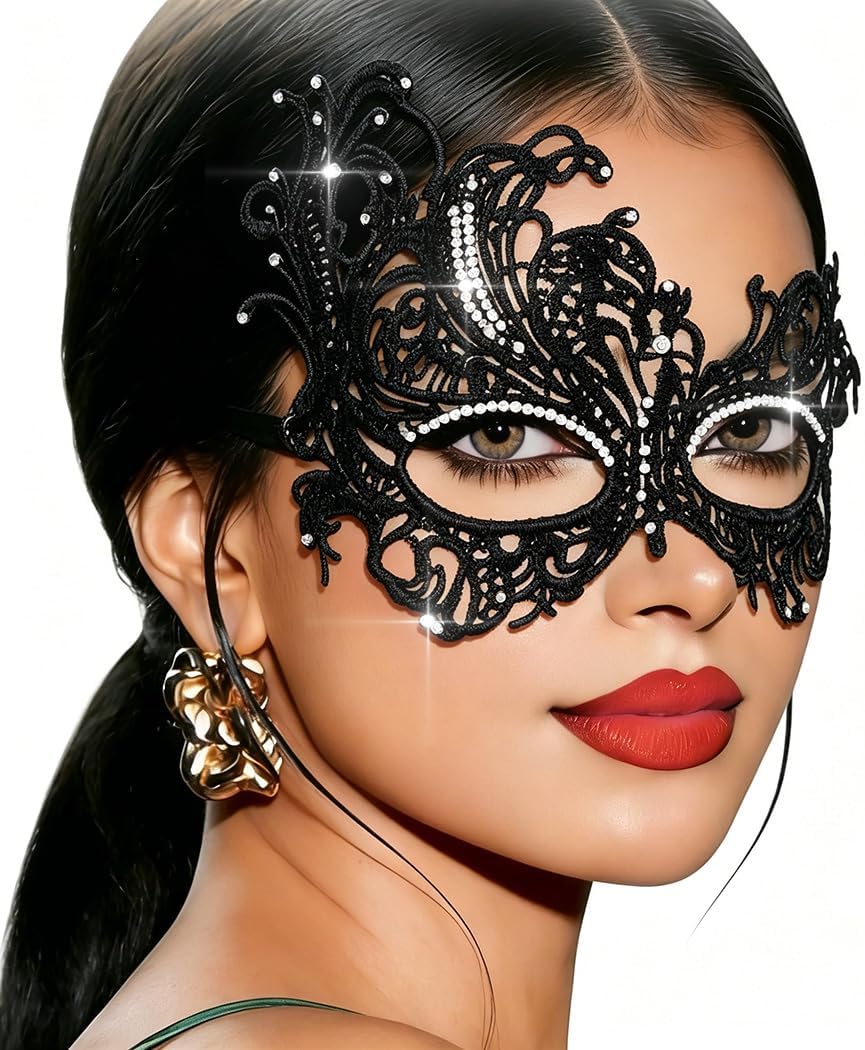 Tgirls Rhinestone Masquerade Mask Crystal Tassel Lace Mask Costume Party Eye Mask Sparkly Face Masks
