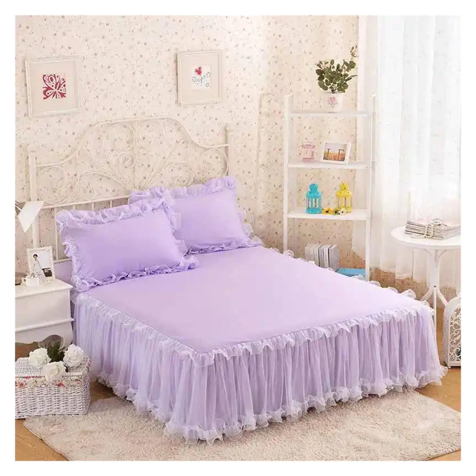 Lace Bedspread, Bed Skirt, Pillowcases, Princess Bedding Sheet, Mattress Cover, Solid Color Home Textile(Purple,1pcs Skirt 180 x 220)
