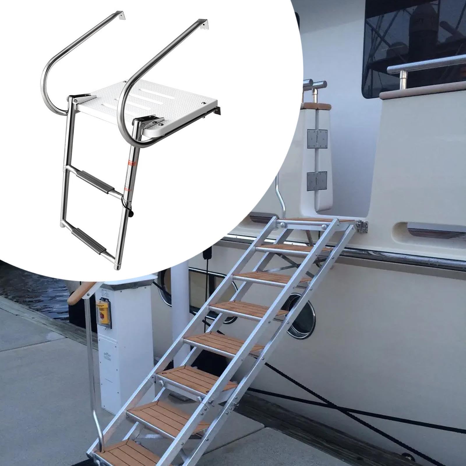 Scaletta pieghevole a 2 gradini in acciaio inox con piattaforma antiscivolo, per yacht, barche, piscine, colore bianco