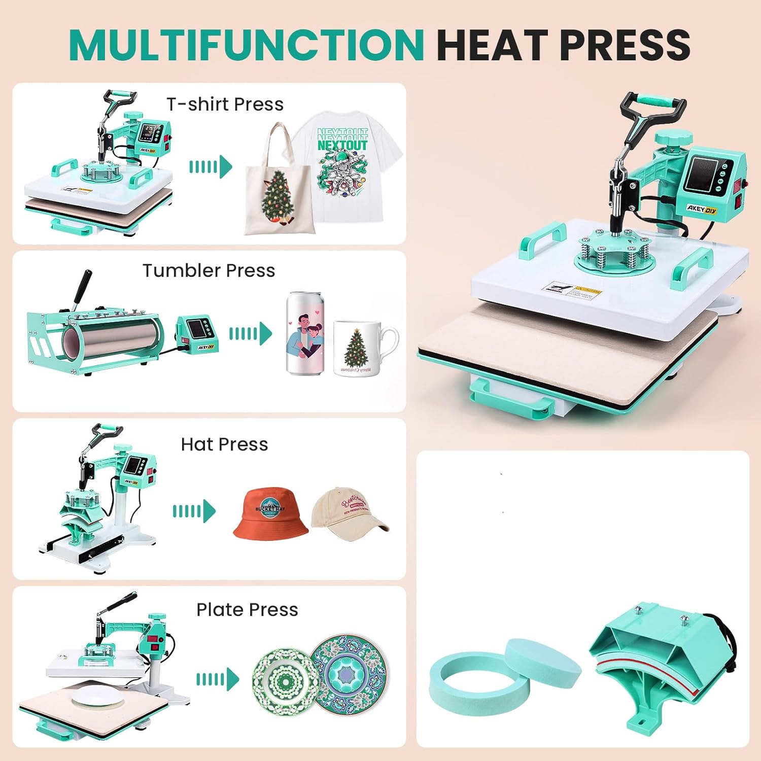 15x15 Heat Press, 5in1Combo Heat Press Machine with 11-30oz Tumbler/Mug/Hat/Plate Press,360° Swing Away Digital Shirt Press Machine,Slide Out for Beginners (15‘’X15‘’ Green 5in1)