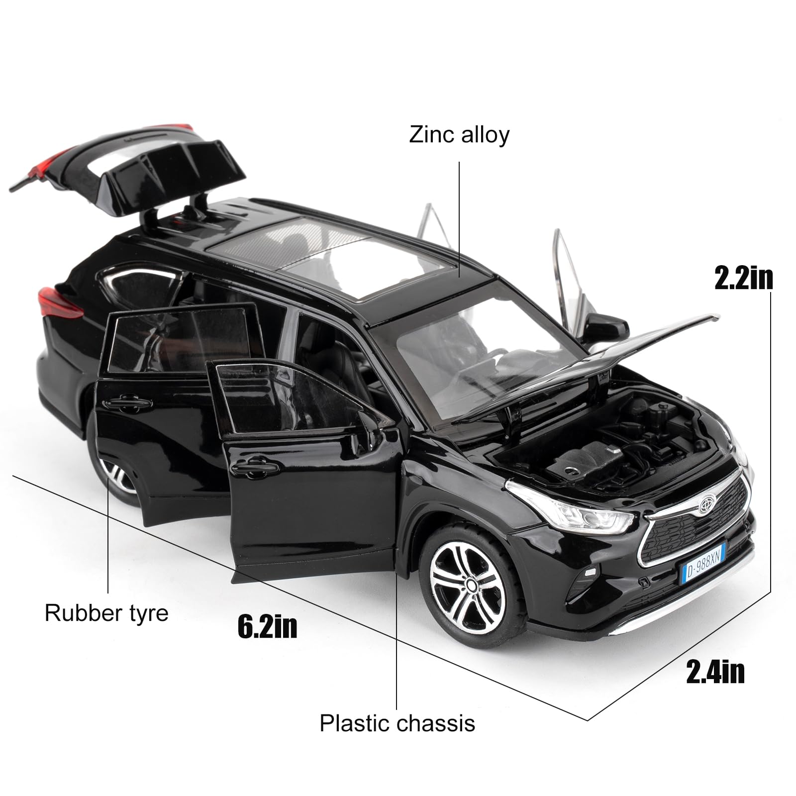 imtfzct 1/32 Toyota Highlander Toy Car,Pull Back Toy Car with Sounds and Lights, Die Cast Alloy Model Car, Boys and Girls Gift (Black) - Image 3