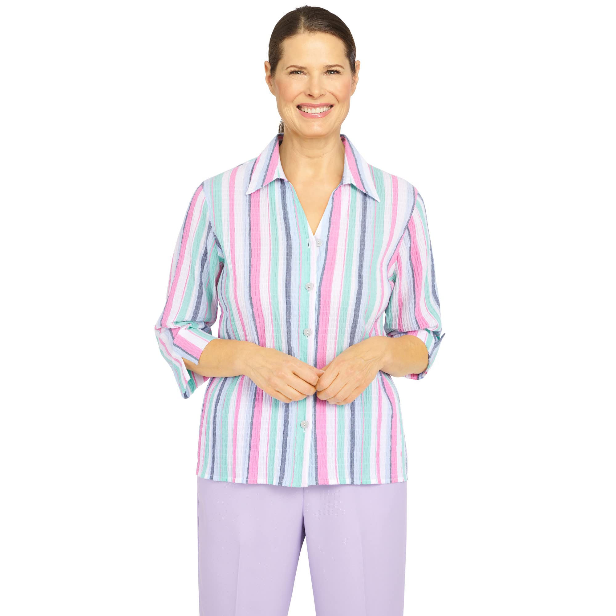 Alfred Dunner Crinkled Strip Cotton/Polyester Button Down Shirt