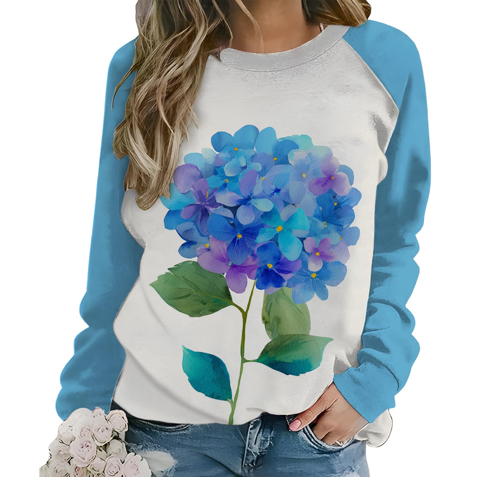 Long Sleeve Floral Print Crewneck Shirts for Women Casual Loose Oversized Sweatshirts Boho Pullover Tops Graphic Tees