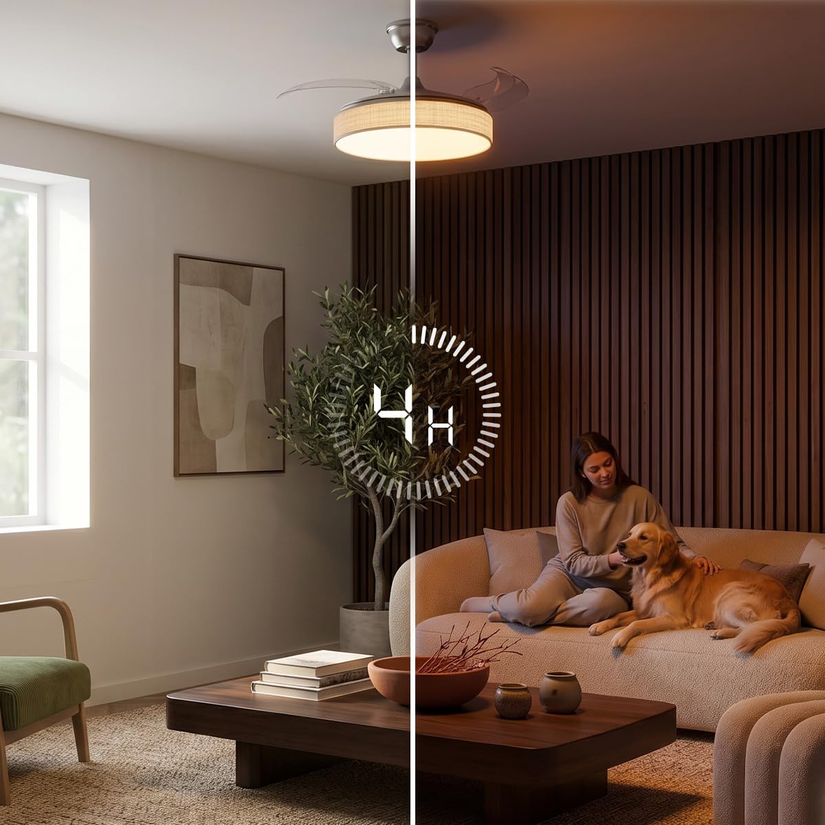 Cecotec Ventilatore da Soffitto con Luce con 3 Pale Retrattili EnergySilence Aero 3666 Invisible Textile. 30W, Motore DC, Diametro 36", 3 Toni LED, Telecomando, 6 Velocità, Timer, Design In Tessuto
