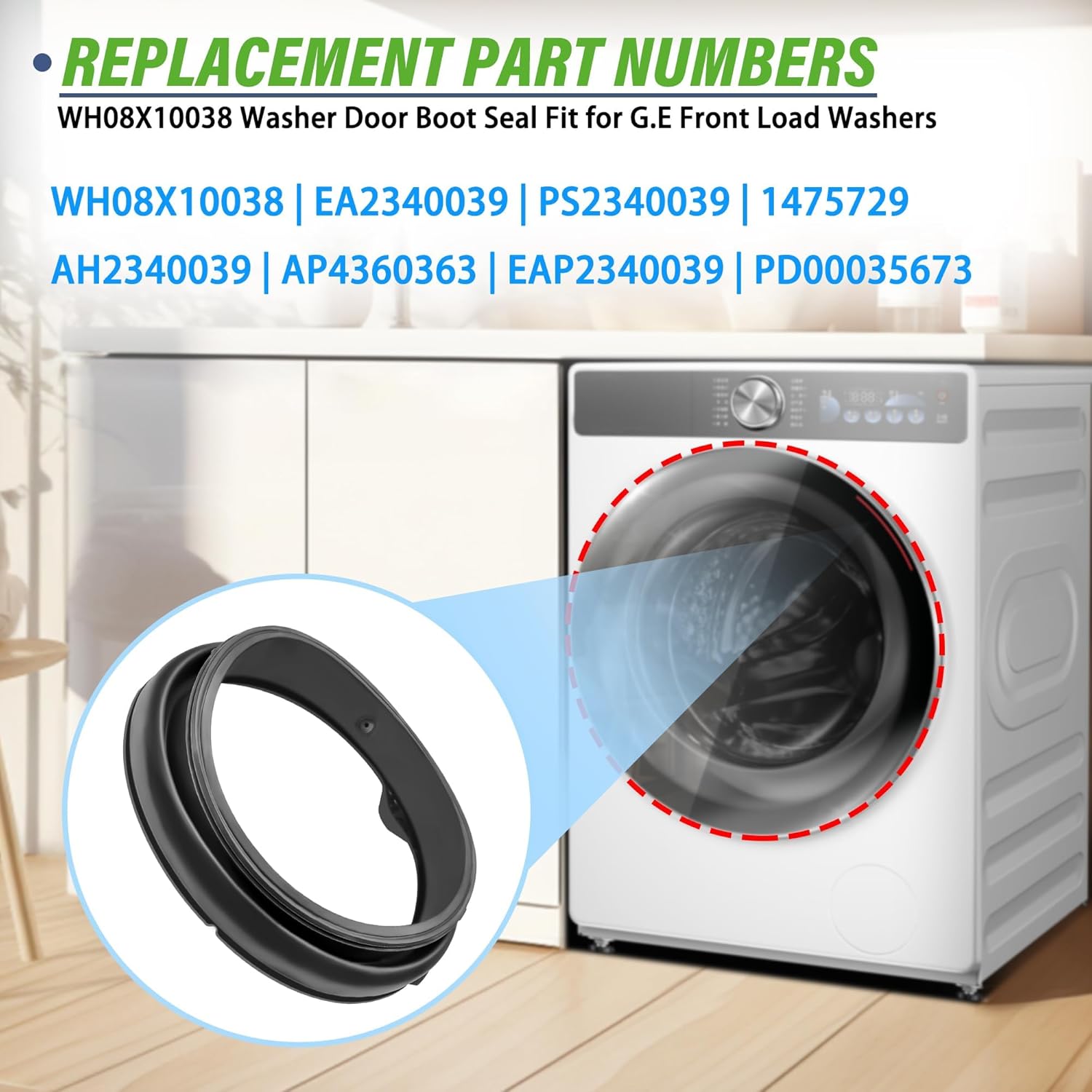 WH08X10038 Washer Door Boot Seal Compatible with G.E Front Load Washers WPDH8800J0MV WPDH8800J3WW WPDH8800J1MG WPDH8800J1WW WPDH8800J2MG, Replaces EA2340039 PS2340039 Front Load Washer Door Gasket