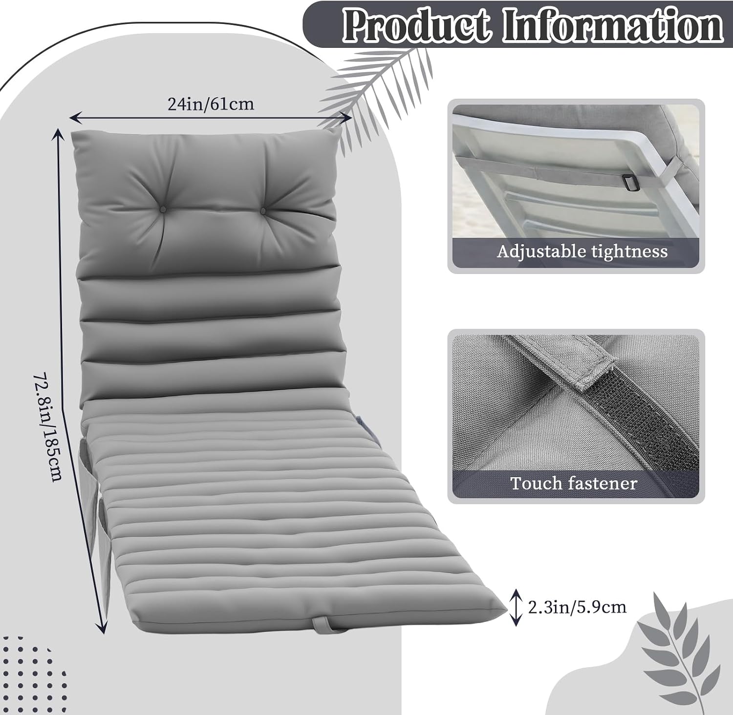 Kigley Outdoor Lounge Chair Cushions Set of 2, 72.8 x 24 x 2.3 Inch Patio Chaise Lounge Cushion with 3 Side Pockets Non-Slip Buckles, Fade and Water-Resistant Poolside Recliner Pads(Light Grey)