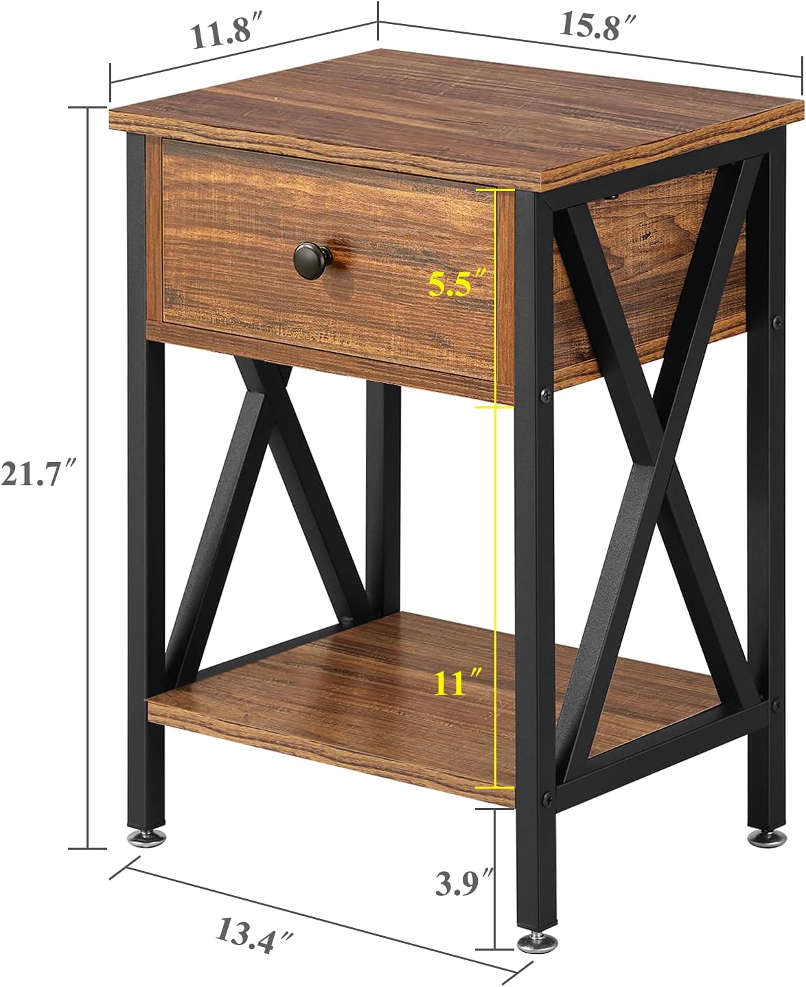 VECELO Nightstand,Modern Bedside End Table, Night Stand with Drawer and Storage Shelf for Living Room Bedroom, Industrial Metal Frame