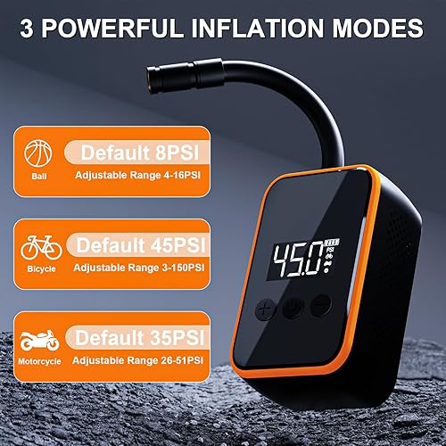 Miniatura 6 de Mini bomba de neumáticos para bicicleta, inflado rápido de 20 segundos, bomba de bicicleta eléctrica de 150 PSI con manómetro de presión, inflador