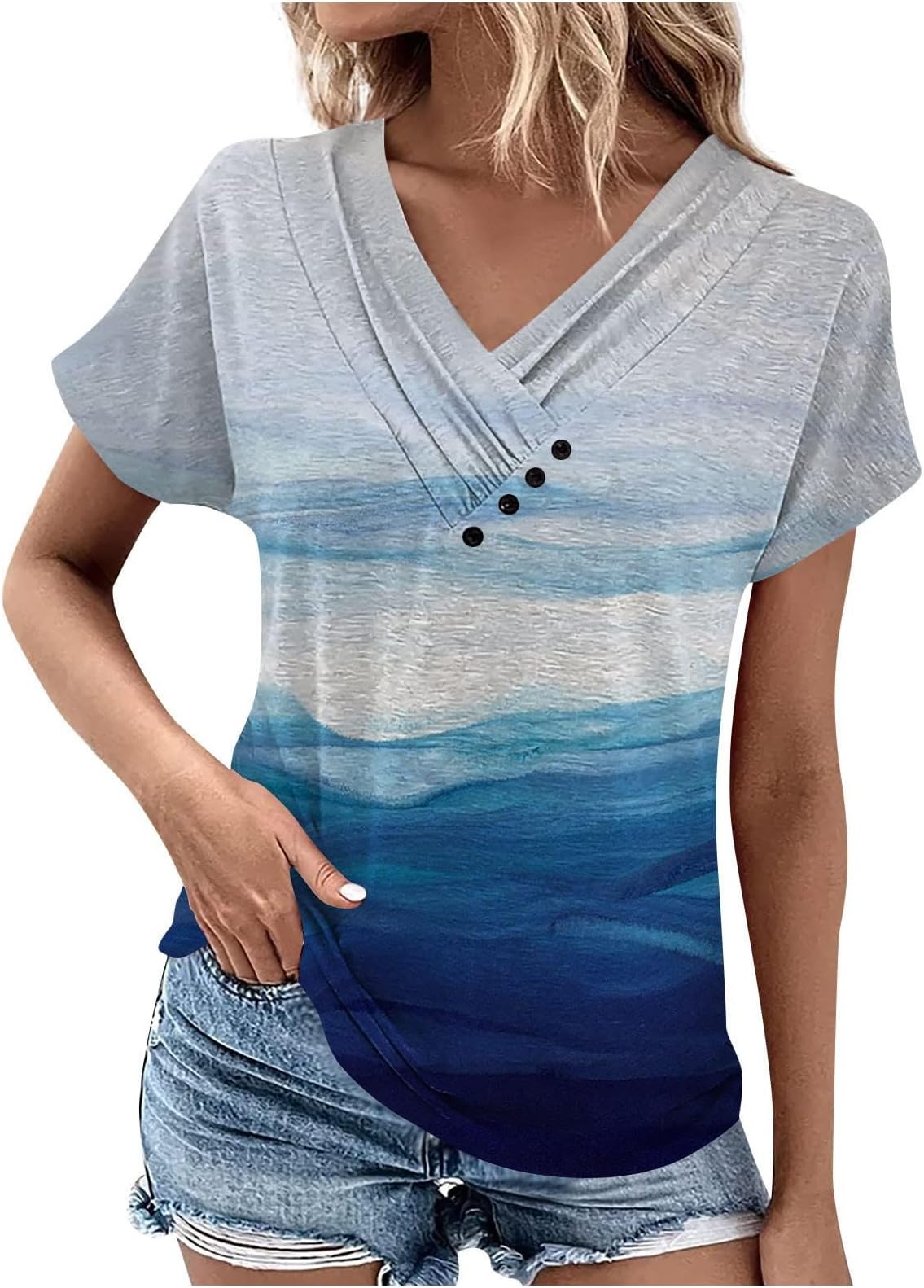 Blouses for Women Dressy Casual Shirts Gradient Tops Short Sleeve Fold V Neck T-Shirt Loose Colorful Graphic Tees