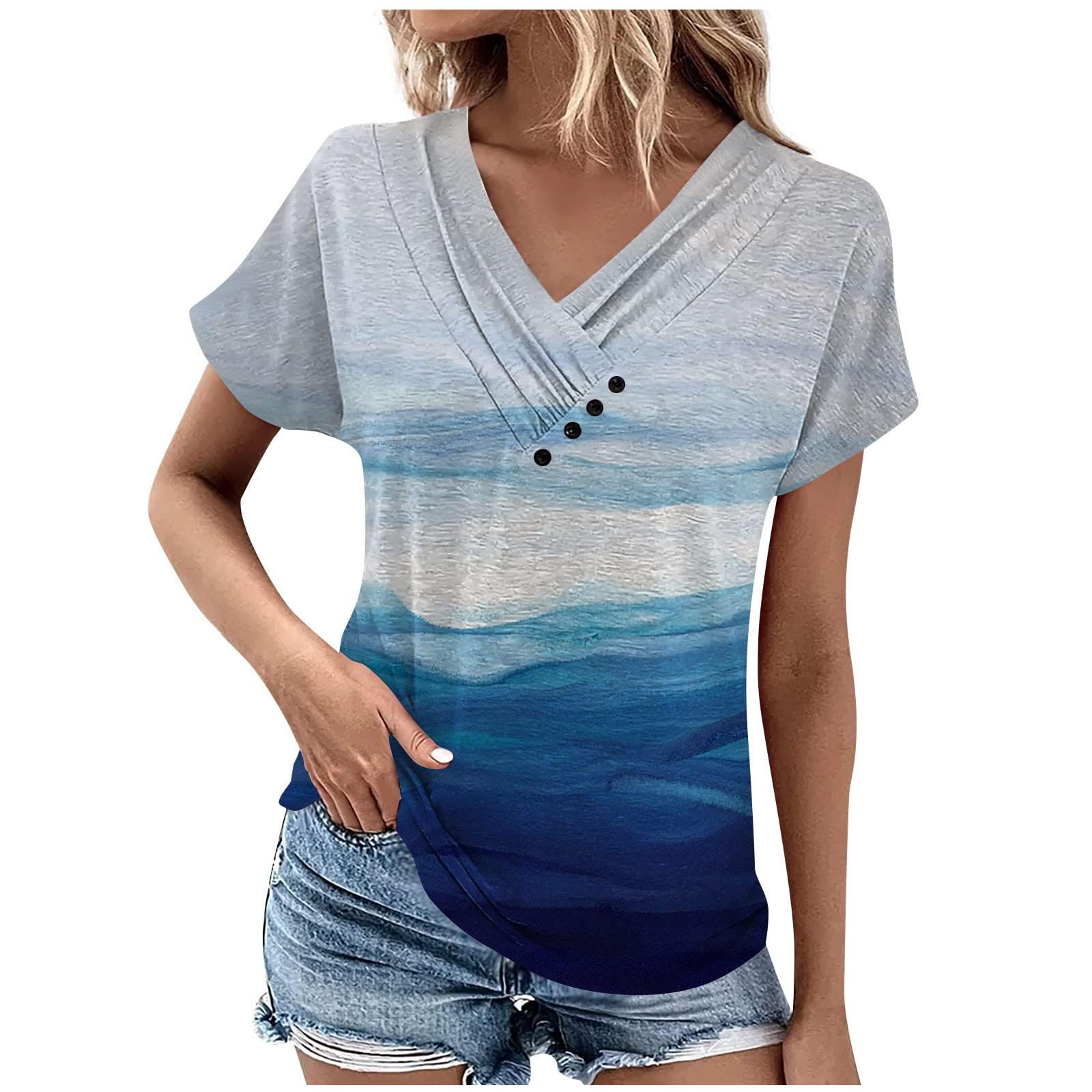 Blouses for Women Dressy Casual Shirts Gradient Tops Short Sleeve Fold V Neck T-Shirt Loose Colorful Graphic Tees