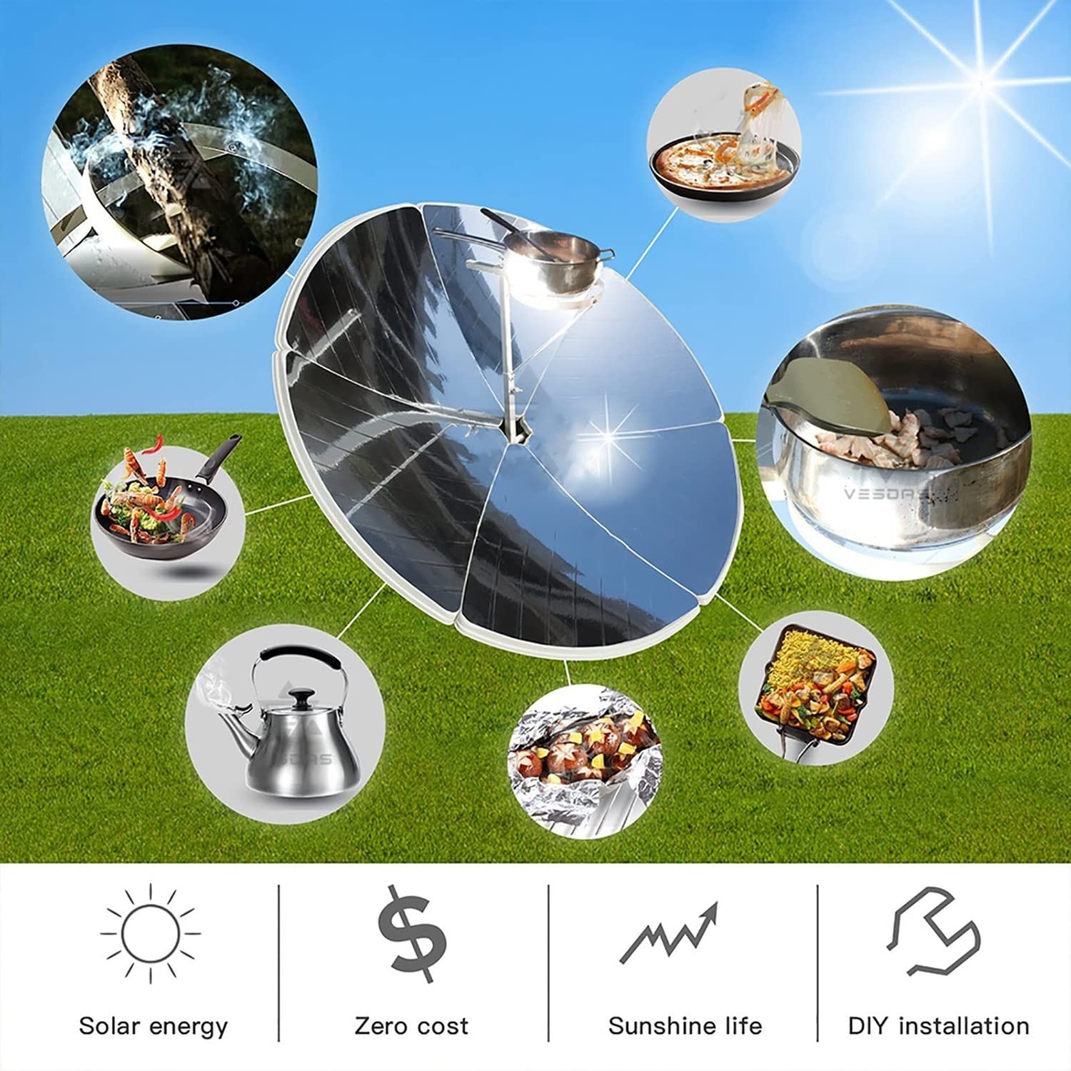 Kuchenka solarna, 1800 W Przenośny piekarnik solarny Kuchenka słoneczna z koncentratorem Kuchenka słoneczna, 700-1000 ° C, kuchenka słoneczna z koncentracją