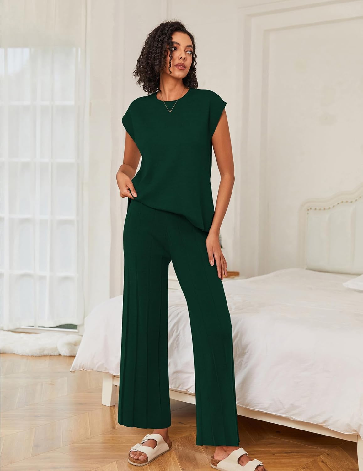 Ekouaer Lounge Sets for Women Two Piece Outfits Knit Cap Sleeve Tops Wide Leg Pleated Pants Casual Dressy Sweater Sets - Image 2