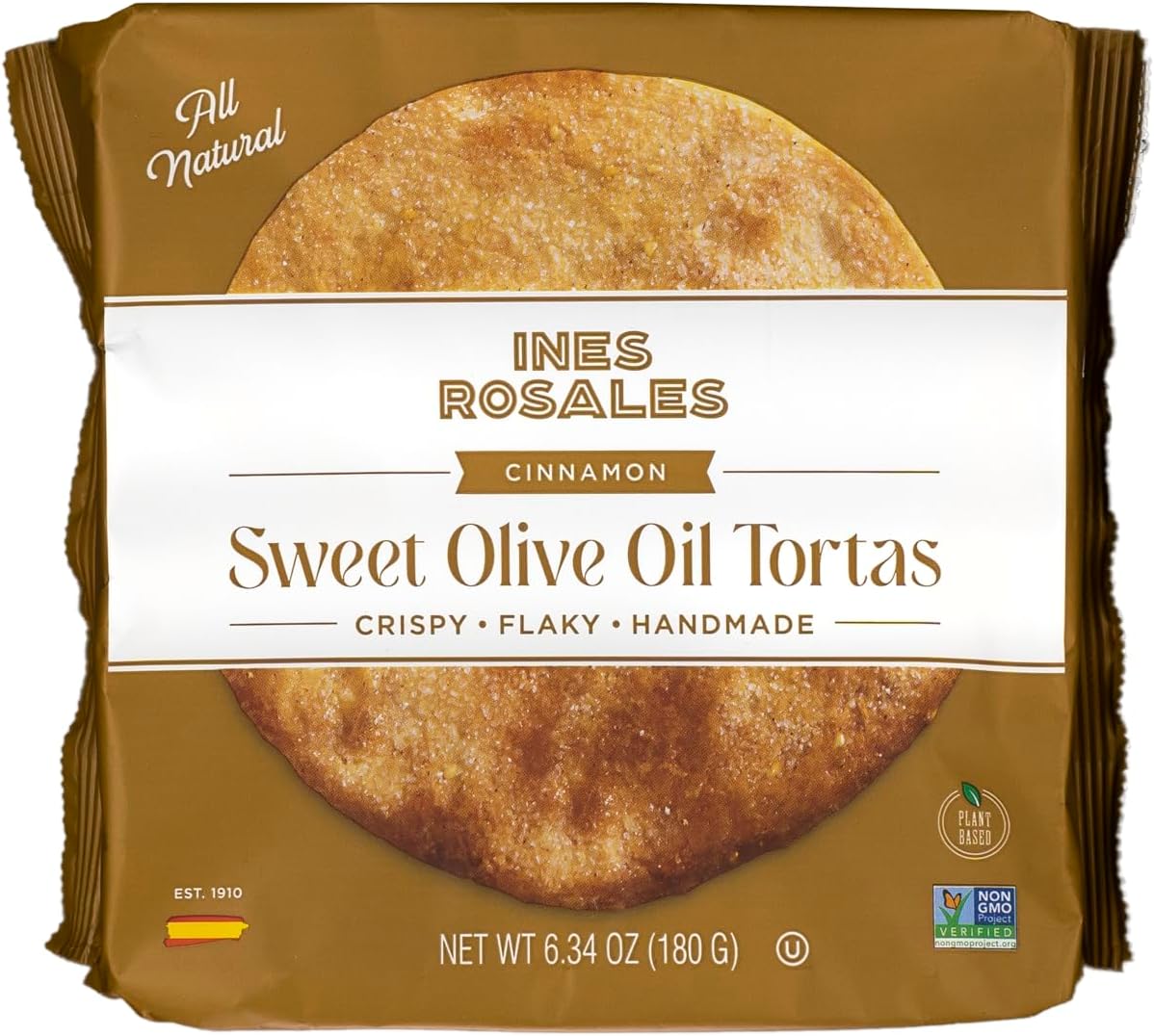 Ines Rosales Cinnamon Sweet Olive Oil Tortas (Pack of 5) (Tortas Aceite con Canela) 6.34 Oz (180 g) pack, Each pack contains six Fine Mediterranean Crisps (Tortas) individually wrapped