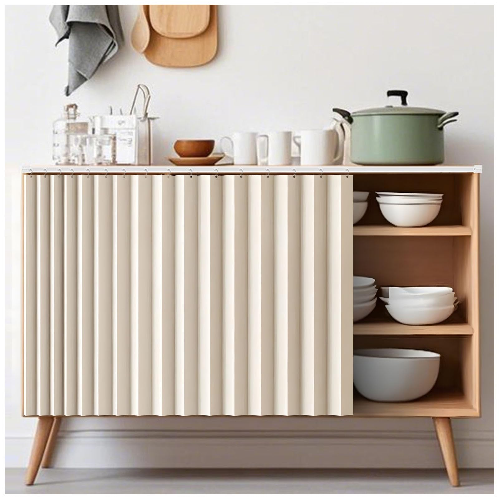 Rideau Placard Cuisine, Lin Rideau Cache Placard Accordéon Étanche à l'eau et à la Poussière, sous Evier/Armoire/Meuble Rideaux Cuisine avec Rail Auto-Adhésive, sans Percage(Beige,120x70cm)