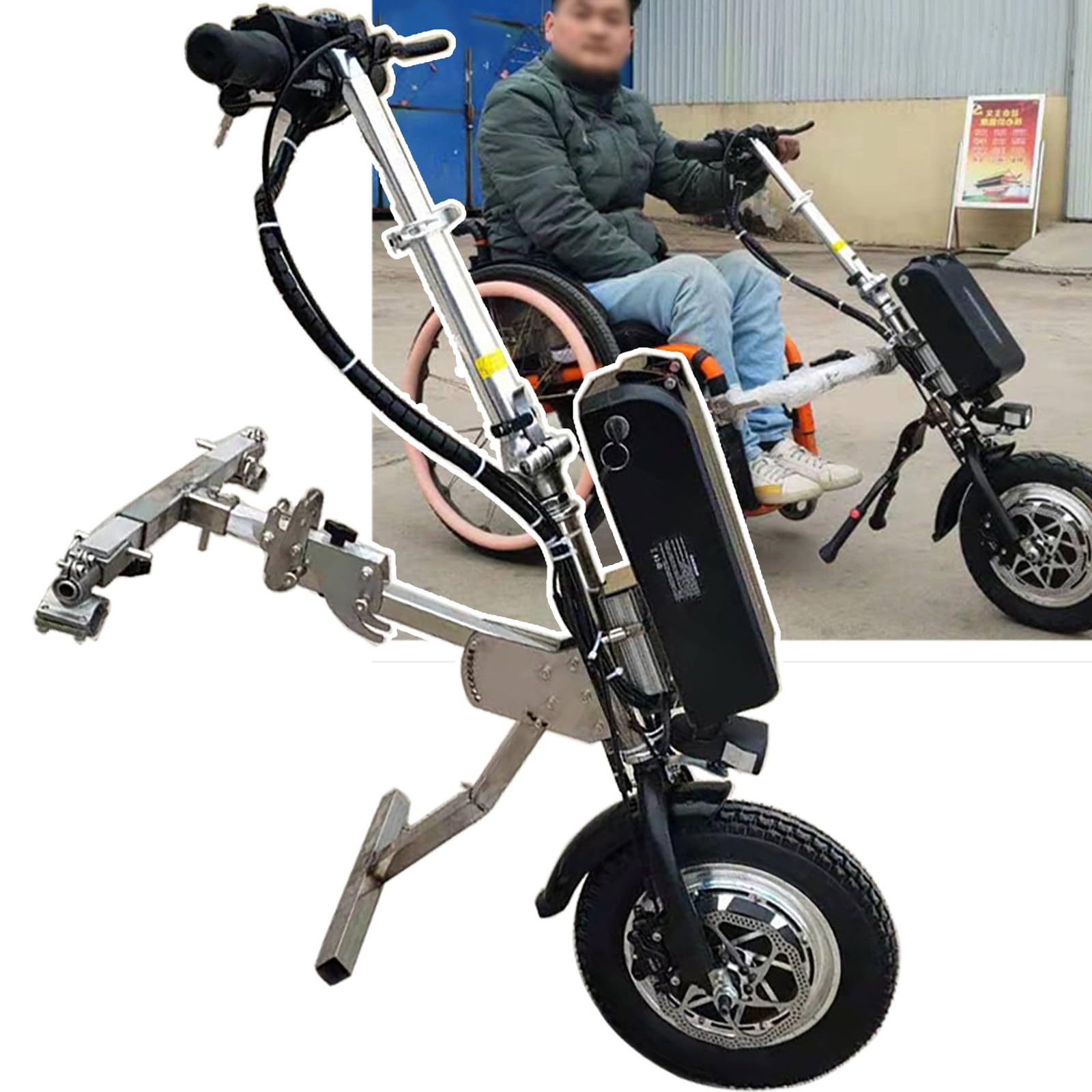 Handbike Eléctrica para Silla de Ruedas, Convertir Silla de Ruedas Manual en Eléctrica, Alcance De Crucero: 65 Km, 3 Velocidades/con Luz Delantera + Trompeta,B