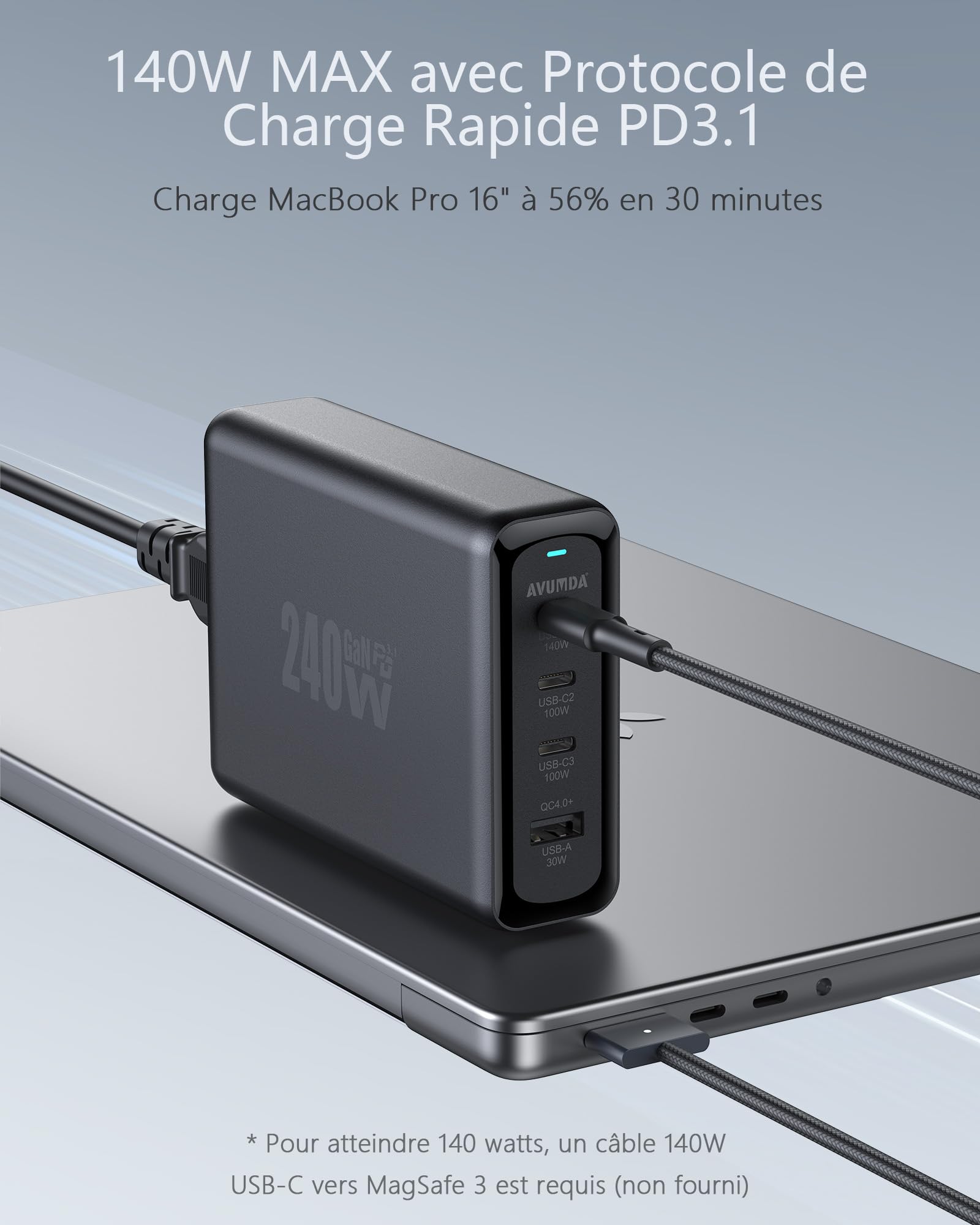 240W Chargeur USB C GaN PD3.1 140W PD3.0 100W 4 Ports Station de Charge Rapide Compatible avec MacBook Pro 16" Air iPad iPhone14 13 Samsung Galaxy Dell Switch