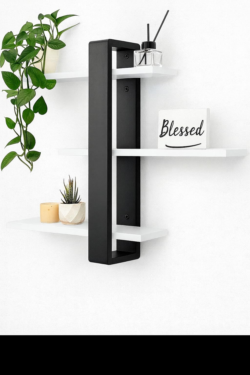 ETIQUETTE ART Floating Shelves for Wall Mounted Shelving Engineered Wood 3 Tier Large Shelf for Bedroom Living Room Office Bathroom Home Decoration Storage Plant Photo Display (Black & White)-image-35