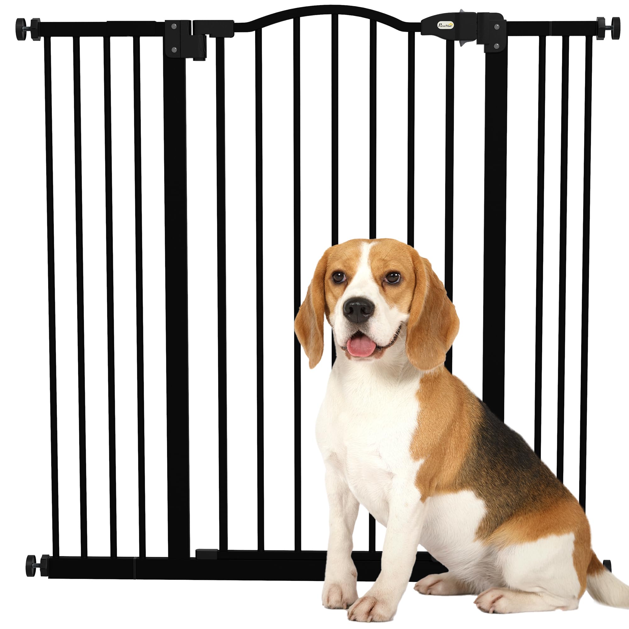 PawHut Barrera de Seguridad para Perros Extensible 74-100 cm, para Puertas y Escaleras, Barrera para Perros Medianos con 2 Extensiones 7/14 cm, Montaje a Presión y Doble Bloqueo, Negro