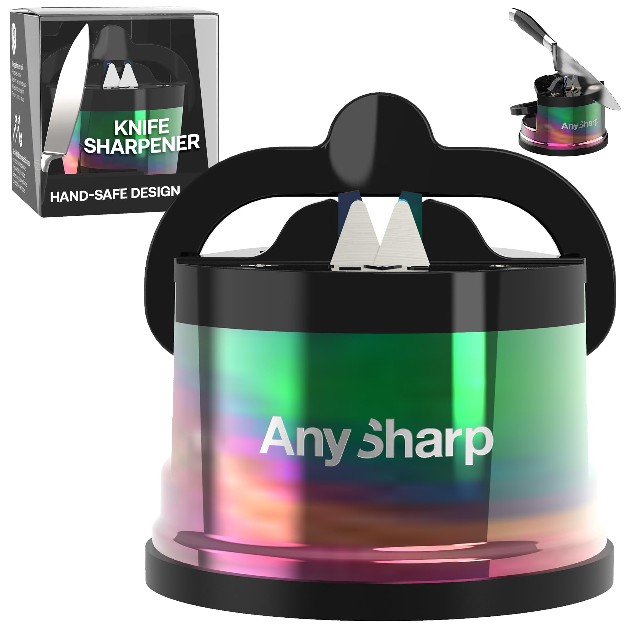 Chef – Hands Free Knife Sharpener - Easy to Use Sharpening Tool w/PowerGrip Suction Base and 20-Degree Pre-Set Angle - for All Knives: Chef's, Serrated, and Hardened Steel - Oil Slick