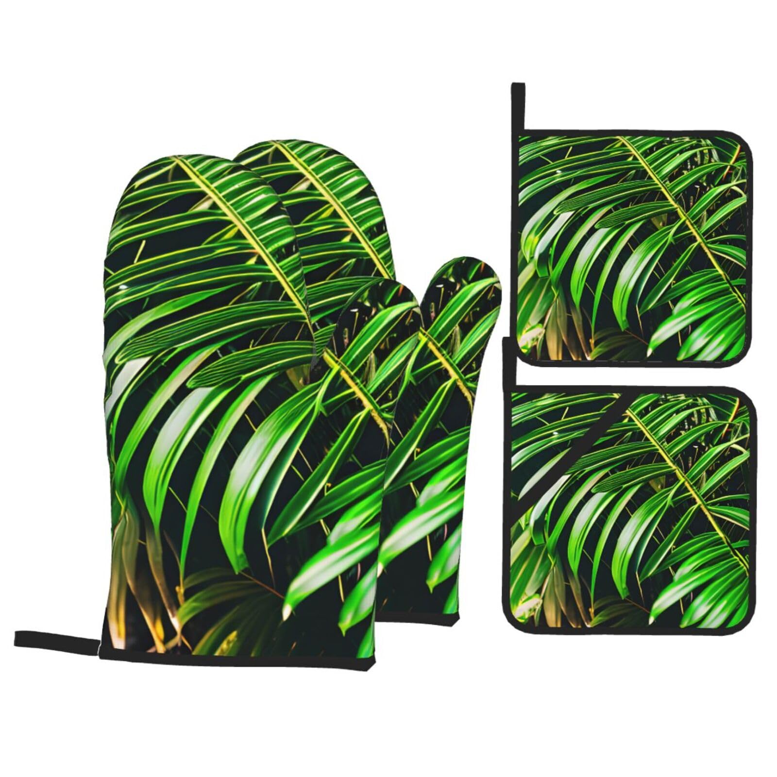 Palm Tree Green Leaves Print 4-Piece Oven Microwaving Set Waterproof Kitchen Gloves for Baking Grilling Cooking