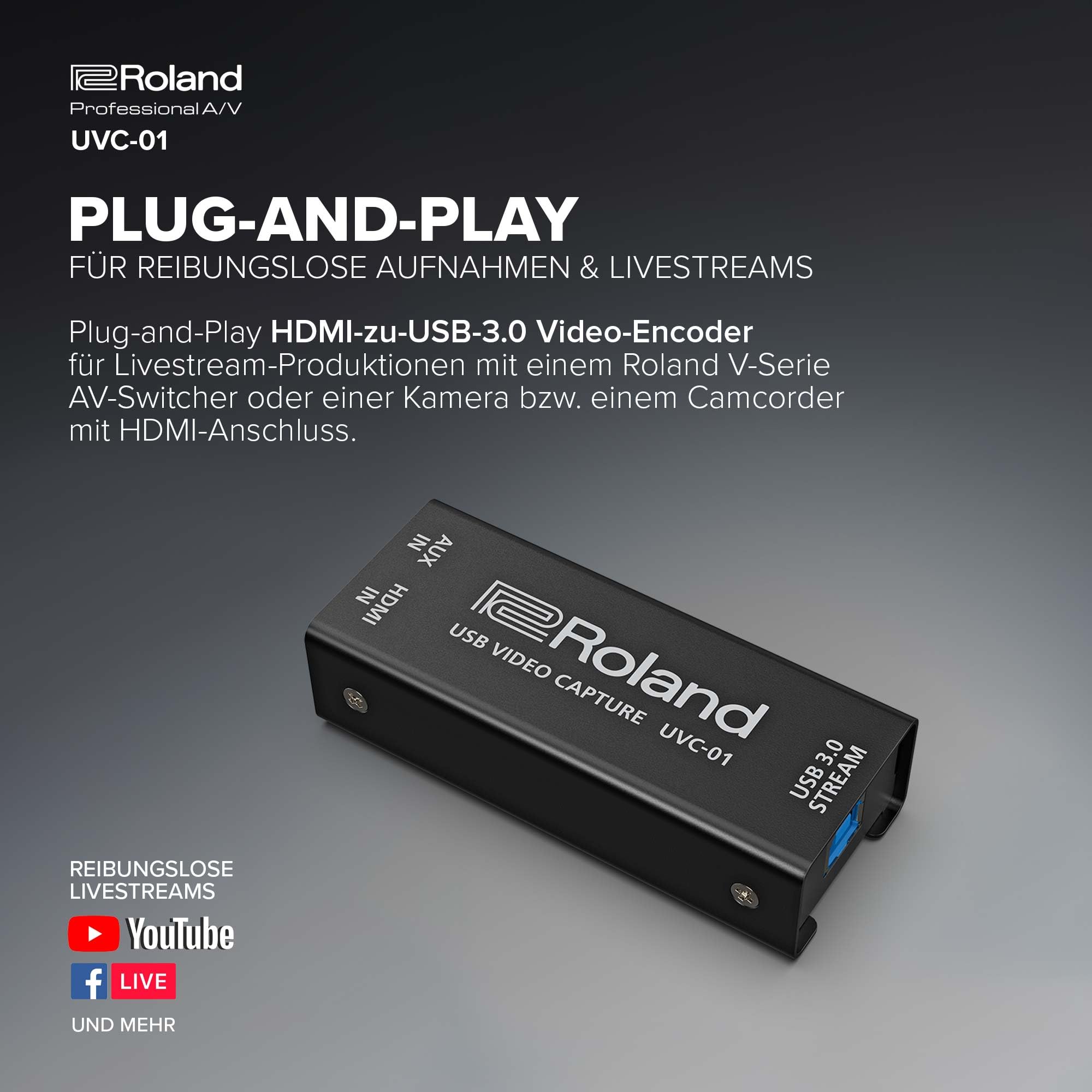 Roland UVC-01 USB Video Capture | Plug-and-Play für reibungslose Aufnahmen & Livestreams | HDMI-zu-USB-3.0 Video-Encoder | Unkomprimiertes 1080p HD bei 60 FPS | Webcam-Steuerung unter Mac & Windows