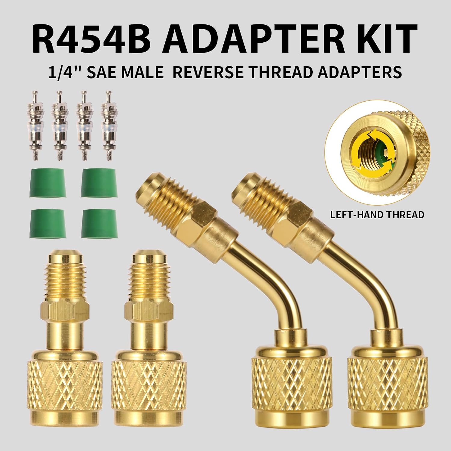 Wayona A2L R454B Adapter Mini Split Brass Adapter AC Manifold Gauge Adapter with 1/4" Female to 1/4" Male Reverse Thread Safety Design, Complete Automotive HVAC Systems Tool Kit