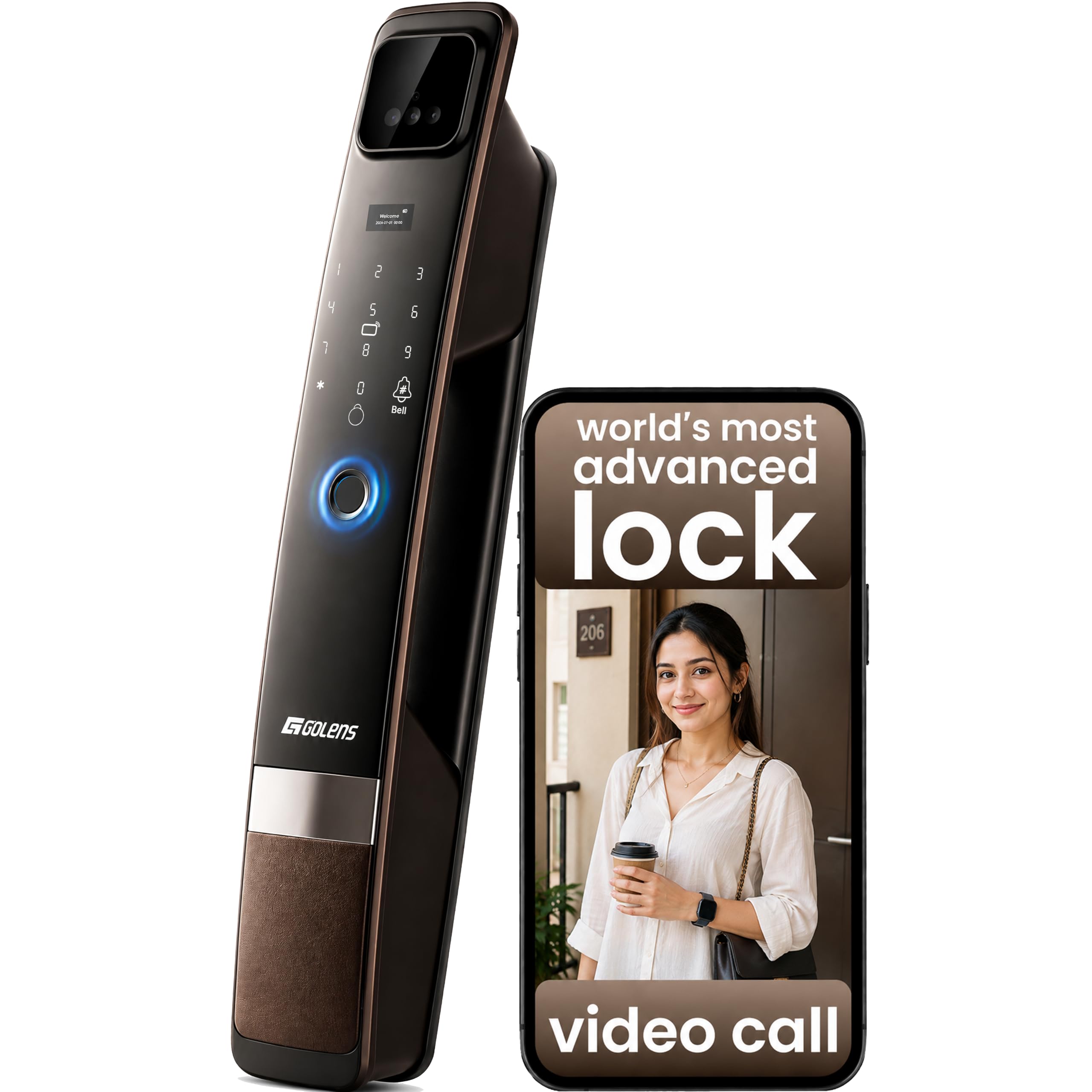 Golens Total Guard (NEW Launch) World's Most Advanced Smart Lock | 12 Ways Unlock | Separate Chime & Bell | Alexa/Apple/Google Support |Video Doorbell | Door Viewer | Auto Latch Body | All Included