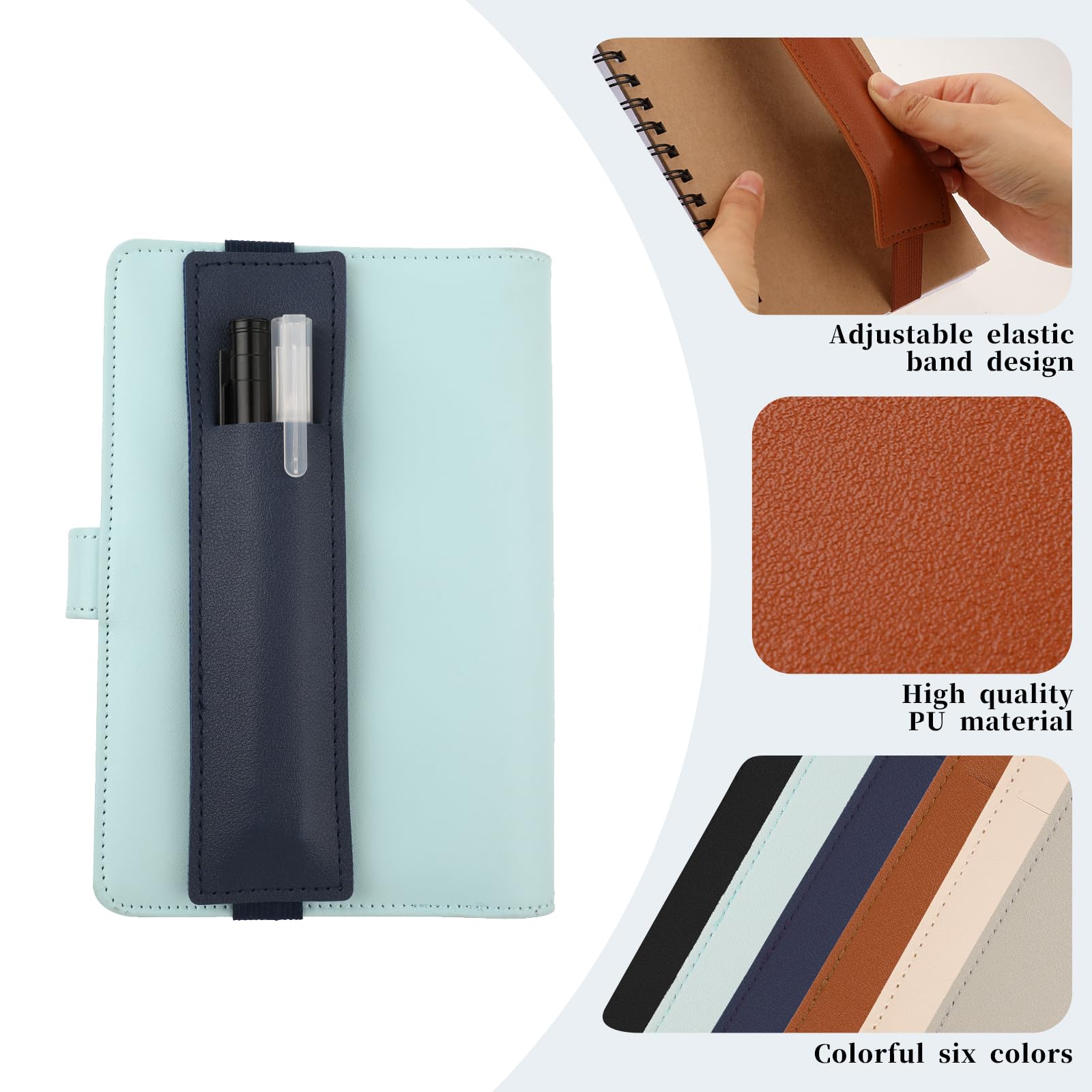 simarro 6 Stück Stifthalter Notizbuch, Verbreiterter Wiederverwendbare Pen Holder Elastischer Stifthalter aus Leder Elastisches Band Buchriemen Tragbare Stiftetasche mit Elastisch für Notizbuch Planer