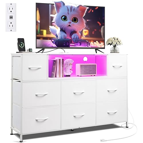 WLIVE White TV Stand for 45, 50, 55 inch TV, Entertainment Center with LED Lights & Charging Station, TV Media Console Table with 8 Fabric Drawers and Open Shelves for Living Room, Hallway, Wood Top