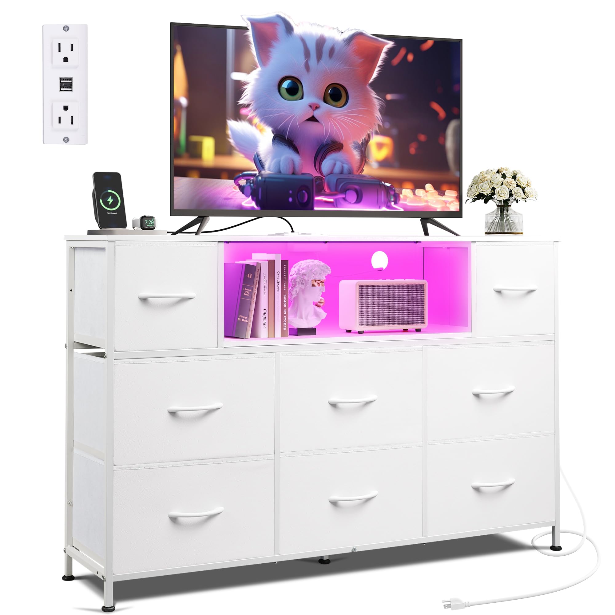 WLIVE ホワイト テレビスタンド 45/50/55インチテレビ用 エンターテイメントセンター LEDライト&充電ステーション付き TVメディアコンソールテーブル ファブリック引き出し8個付き リビングルーム/廊下/ウッドトップ用