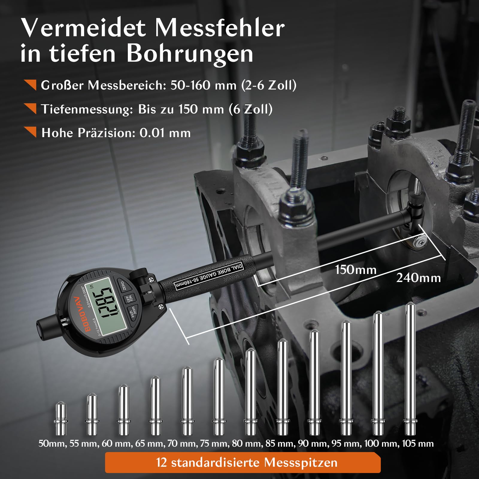 Digital Bohrungslehre Messuhr Set 50-160 mm, Innendurchmesser Messuhr Präzision 0,01 mm Zylinder Messuhr Metrisch/Zoll Anzeige mit 12 Messspitzen für Formabweichungen