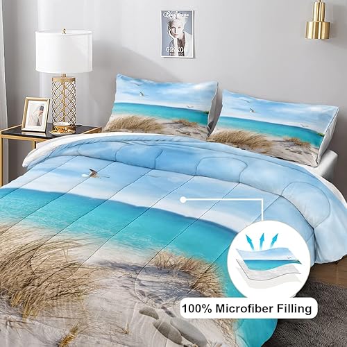 Miniatura 5 de MOVE OVER Juego de edredón azul océano, juego de ropa de cama costera tamaño King, juego de edredón de 3 piezas con temática de playa, gaviota