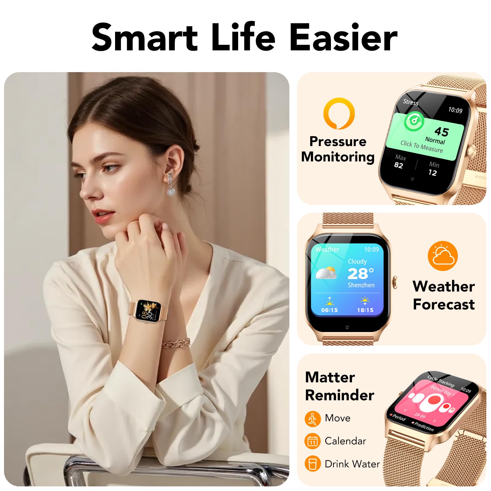 CASCHO Montre Connectée Femme avec Appel Bluetooth,1.85" HD Smartwatch Femme avec Fréquence Cardiaque/Sommeil/SpO2, 120+ Modes Sportifs, IPX7 Étanche Fitness Tracker, Montre pour Android iOS Doré