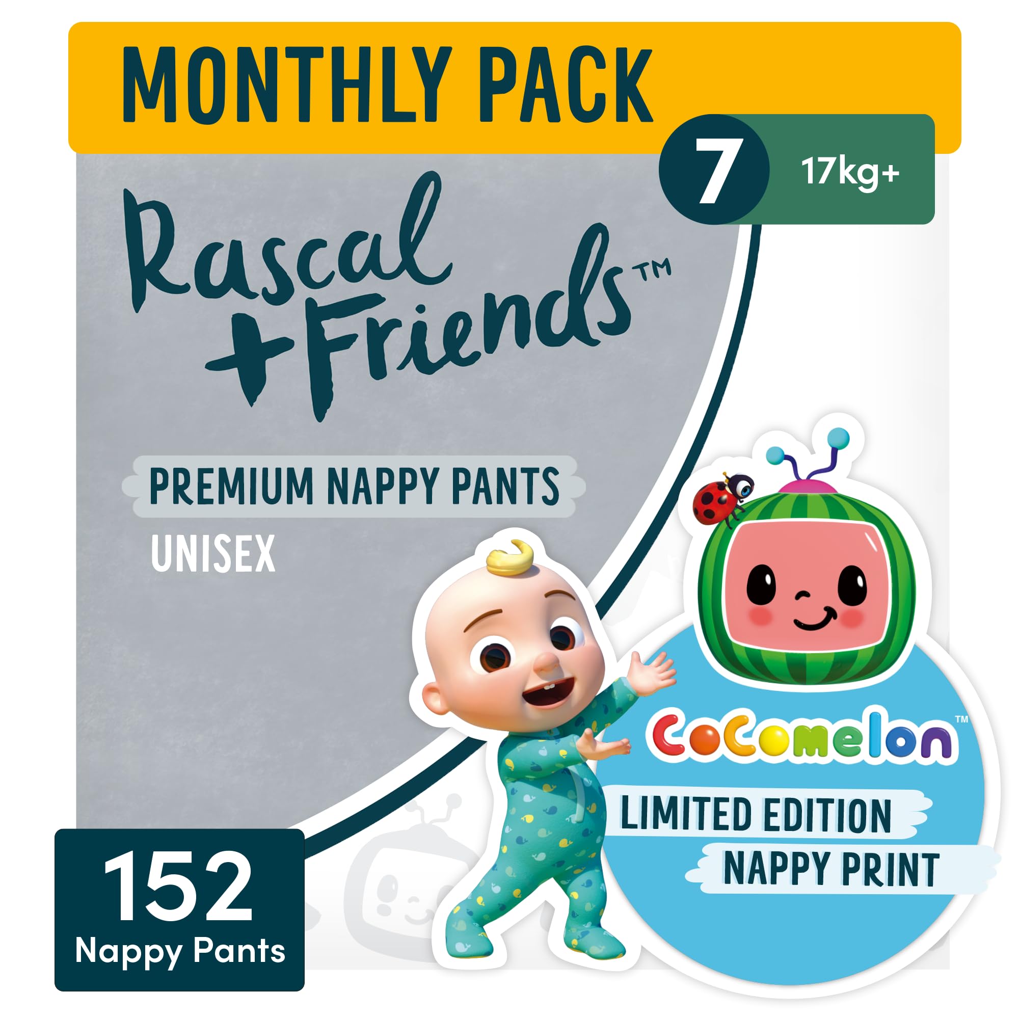 Rascal + Friends Premium Pants | Size 7 | 152 Pants | 17kg+ | Monthly Pack | With UltraFlex 360° Fit and AirSpun Softness for Our Best Comfort & Protection