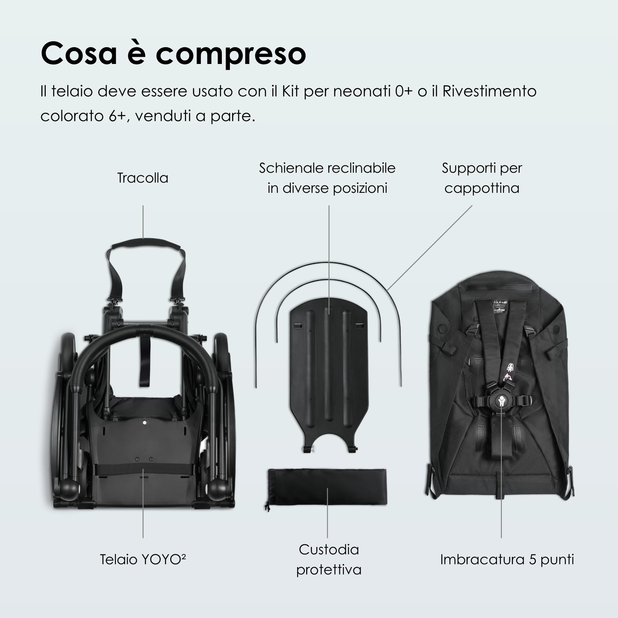 Telaio per passeggino BABYEN YOYO2, Nero - Tessuto non incluso - Include l’imbracatura a 5 punti, lo schienale reclinabile, i supporti della capottina, la tracolla e la custodia protettiva
