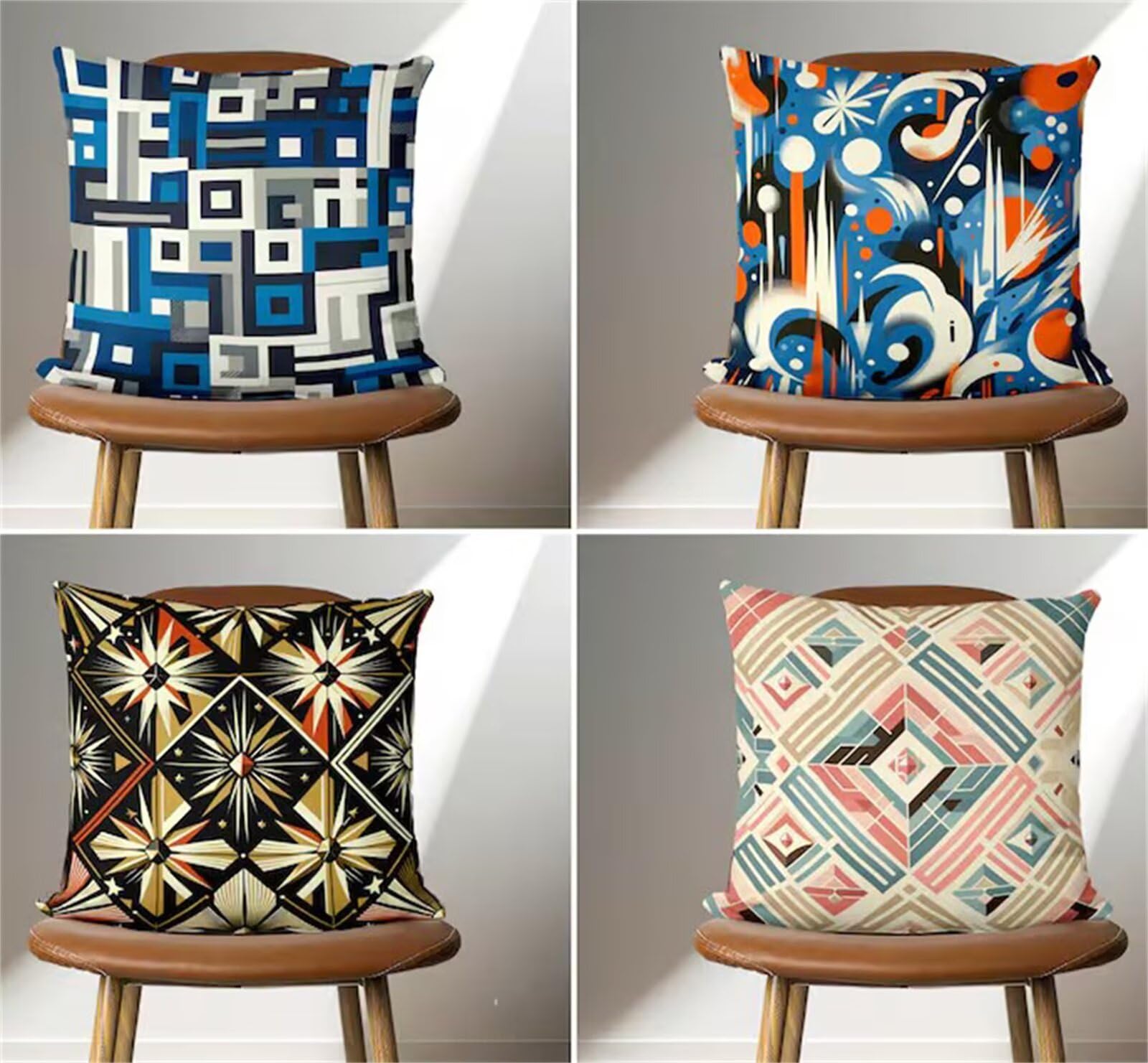Heaen Outdoor Cushions Covers Waterproof 55x55 cm Set of 4 Square Linen Pillow Cases Blue Black Geometric Decorative Dushions for Sofa Porch Patio Home Decor