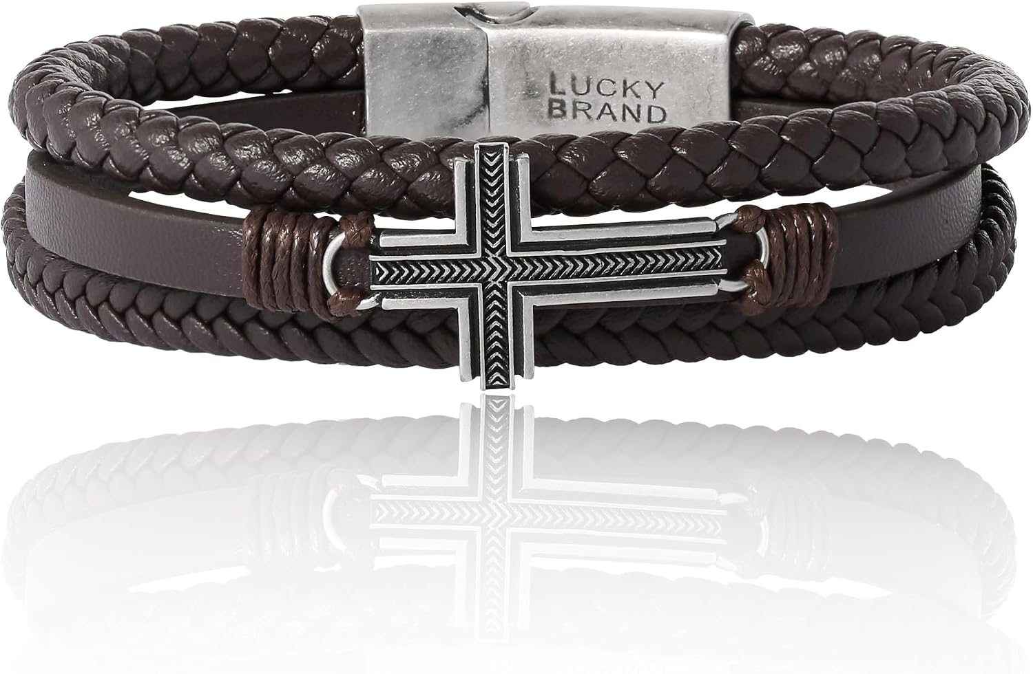 Lucky Brand Textured Cross Triple Row Brown Bracelet for Men 8.5", Antiqued Silver Plated, Cross Jewelry