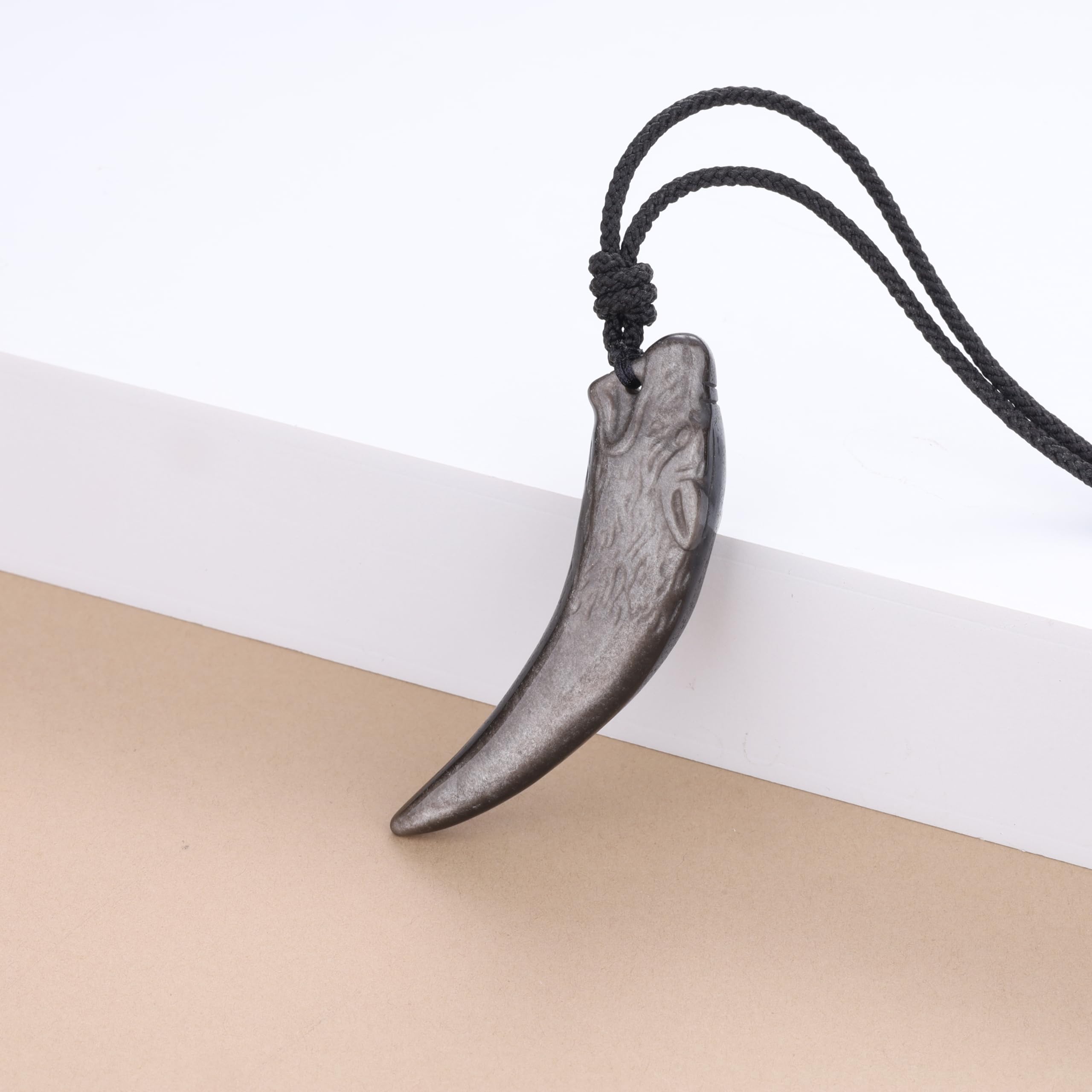 COAI Pendente Dente di Lupo Intarsiato in Ossidiana, Collana Pendente Unisex con Laccio Regolabile