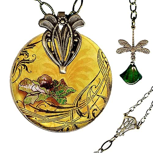 Sage Poppy Necklace Voyageur Reversible Glass Art Necklace Nouveau Jardin