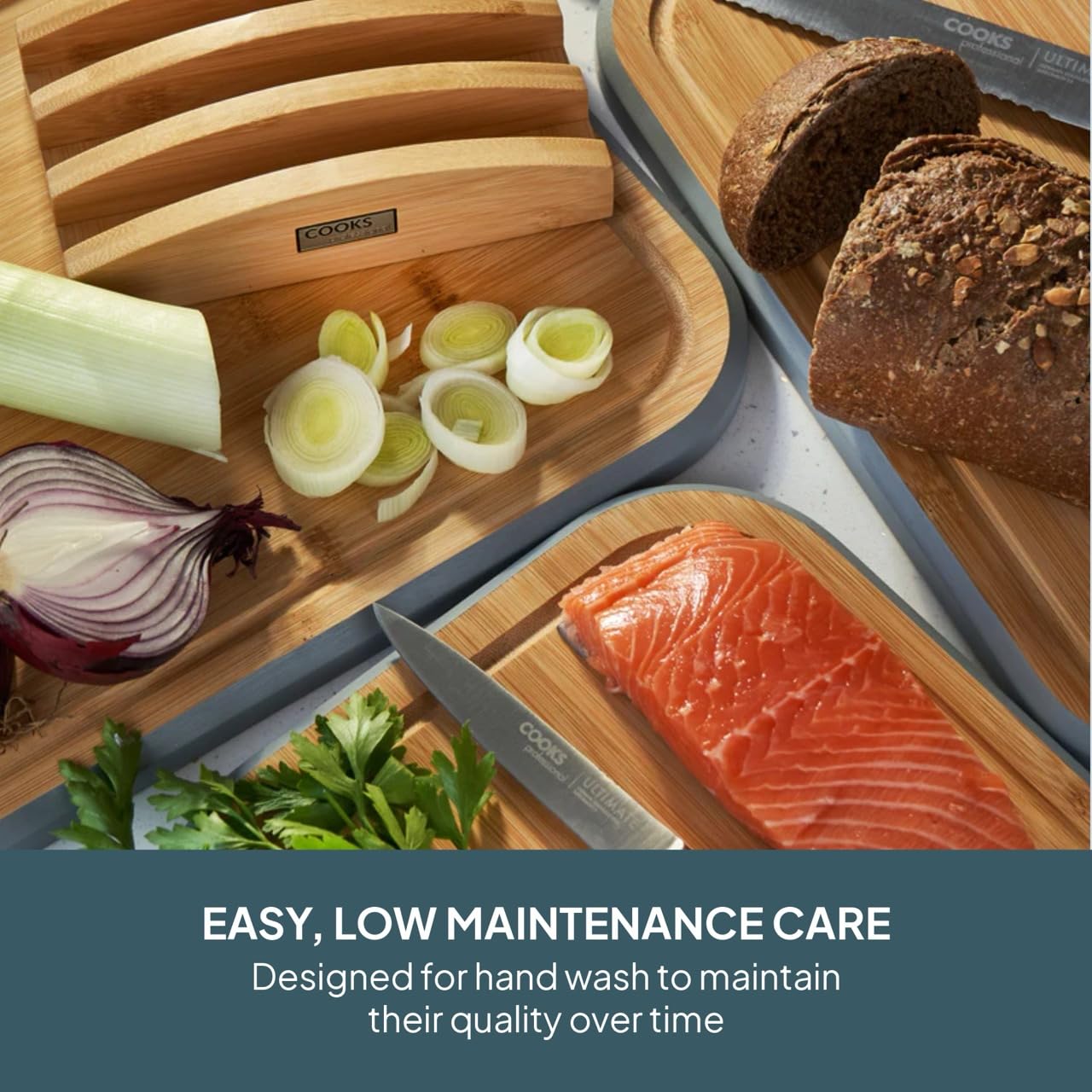 Cooks Professional Index Lot de 3 planches à découper en bambou avec support | Planches à découper en bois pour fruits et légumes | Aliments cuits | Pain | Gris