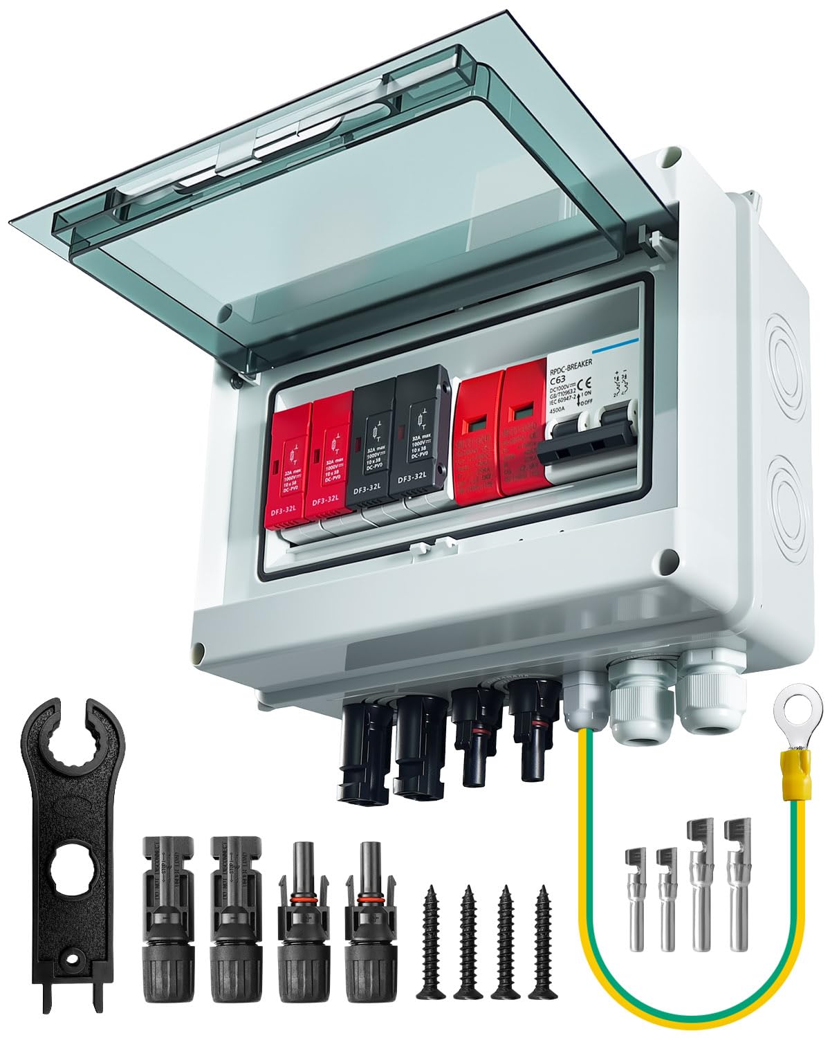 600V Solar DC PV Combiner Box, 2 String with Lightning Arrester Connector for On/Off Grid Solar Panel System, 2 Input 2 Out 32A Fuse, 63A Circuit Breaker, Waterproof ABS Enclosure