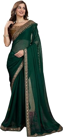 TRENDMALLS Womens Chiffon Satin Sequence work Saree with Unstitch Blouse Piece